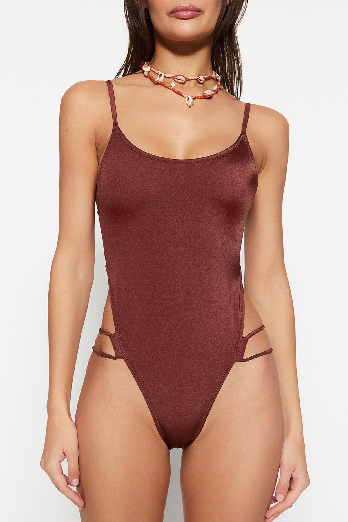 Brown Piping High Leg Swimsuit, , large image number 4