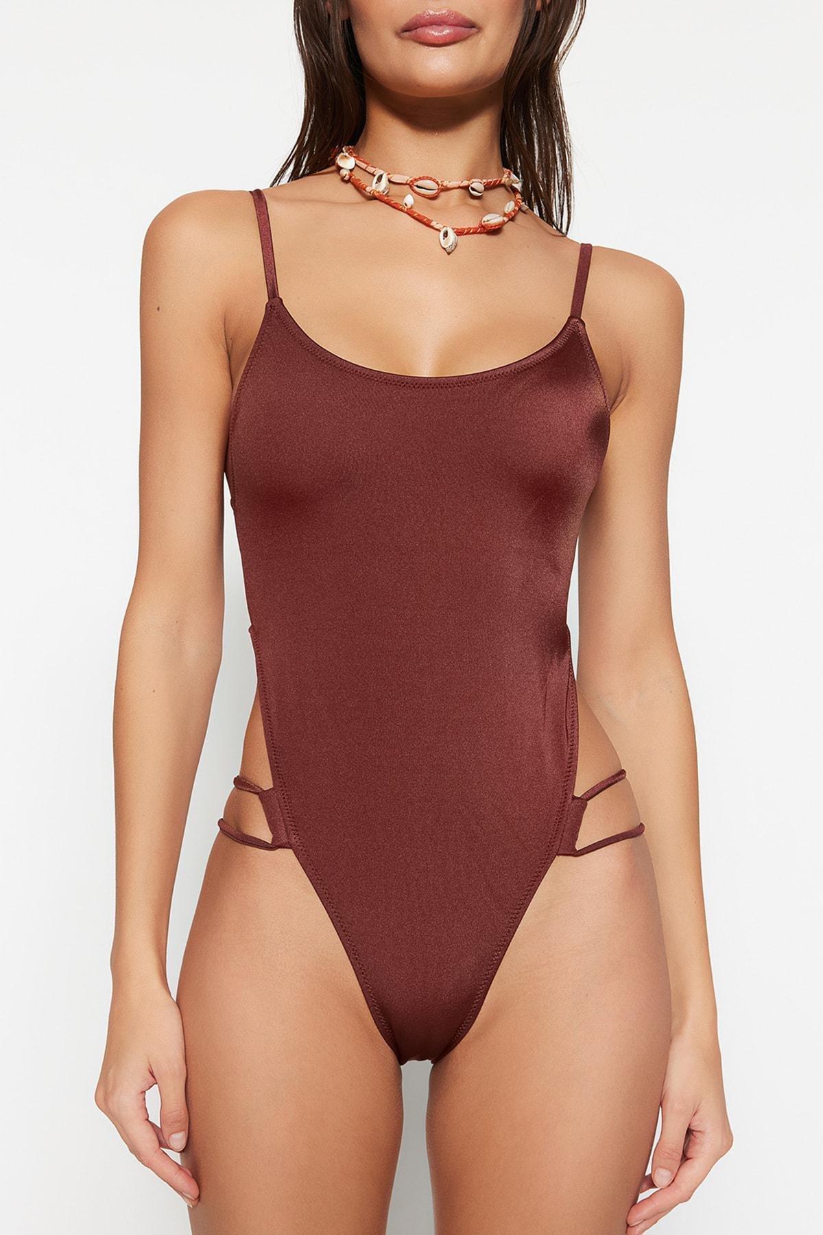 Trendyol - Brown Piping High Leg Swimsuit