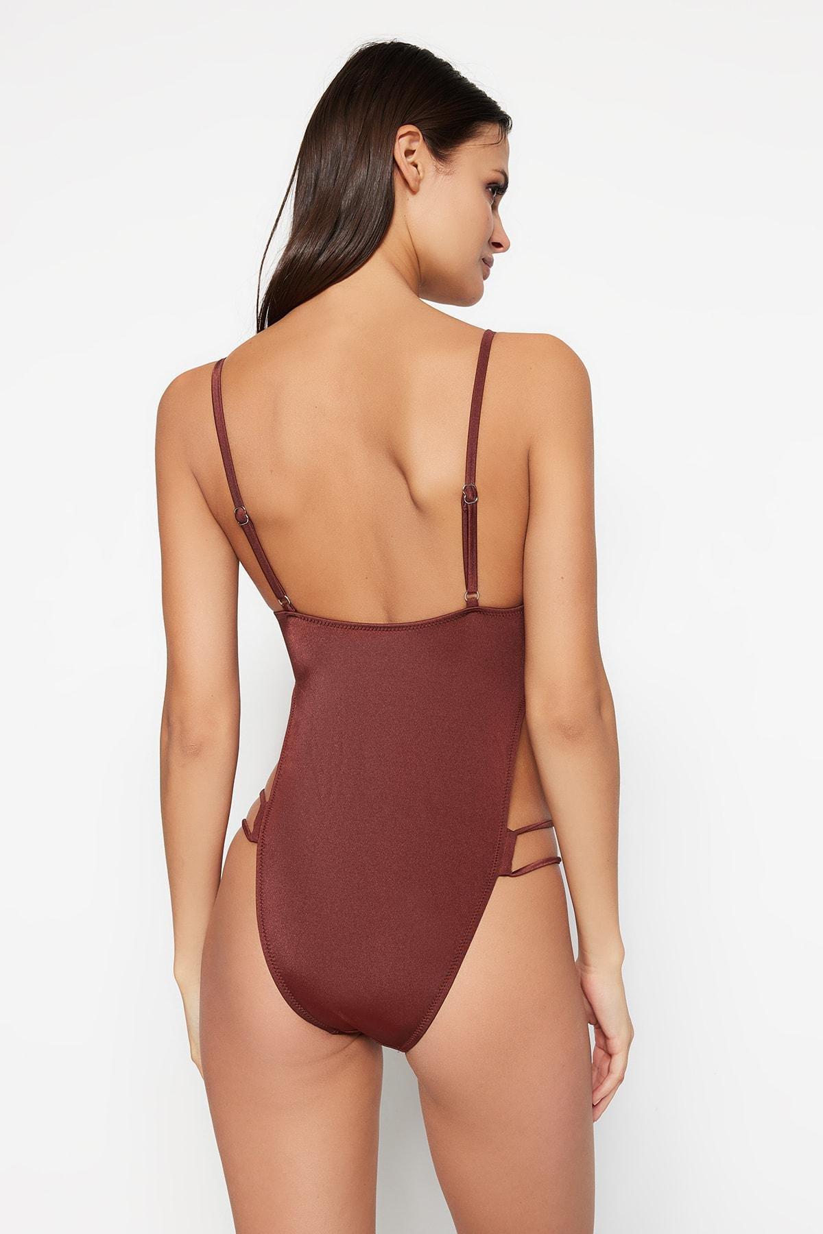 Trendyol - Brown Piping High Leg Swimsuit