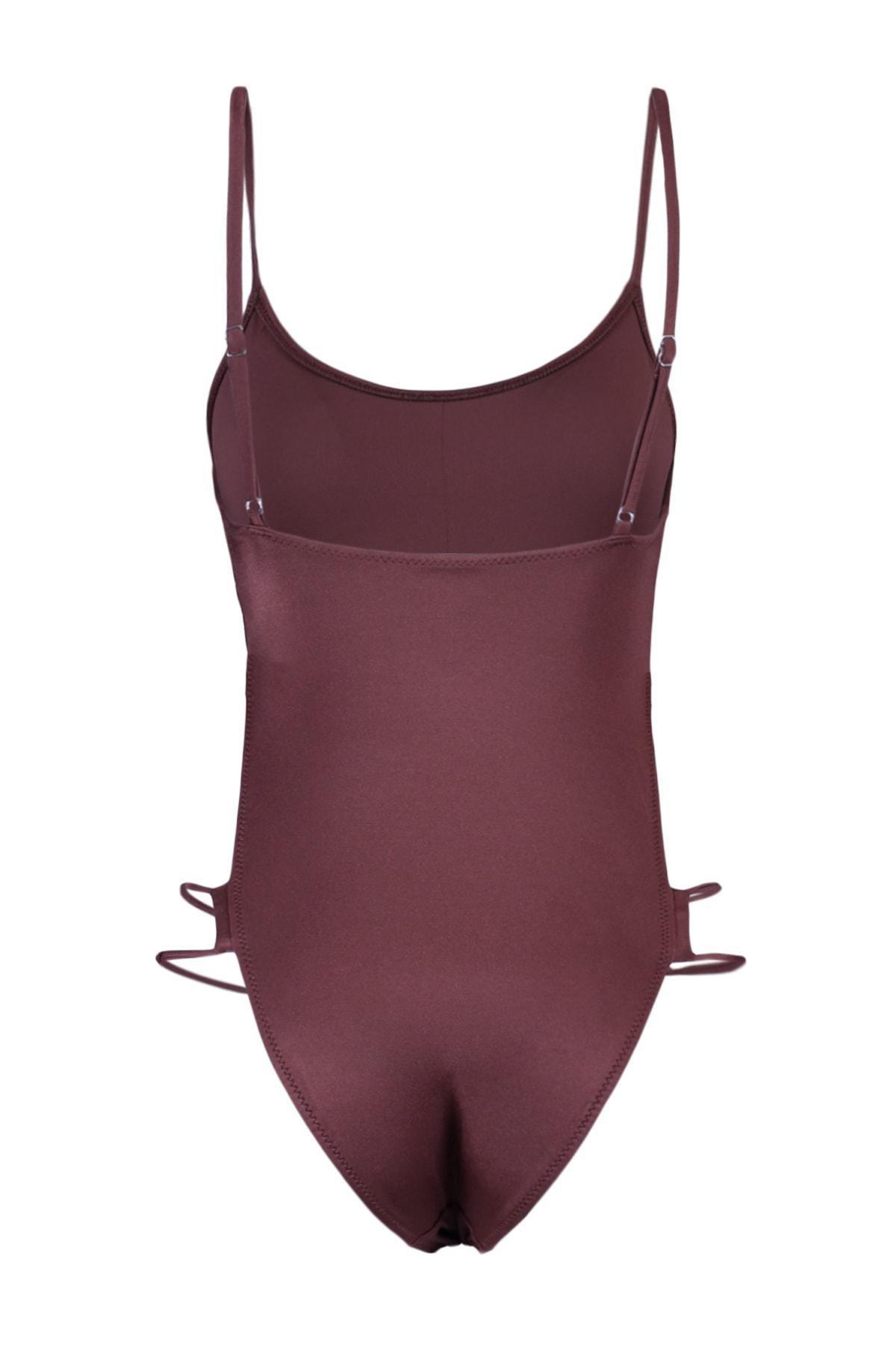 Trendyol - Brown Piping High Leg Swimsuit