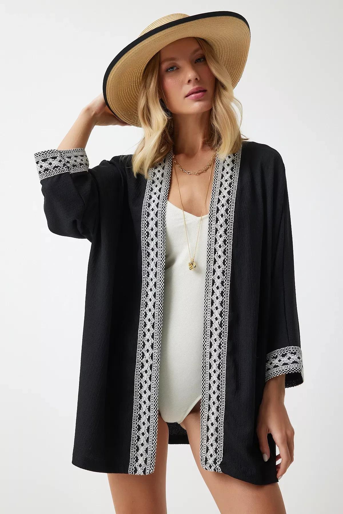Black Embroidered V-Neck Kimono, BLACK, large image number 0
