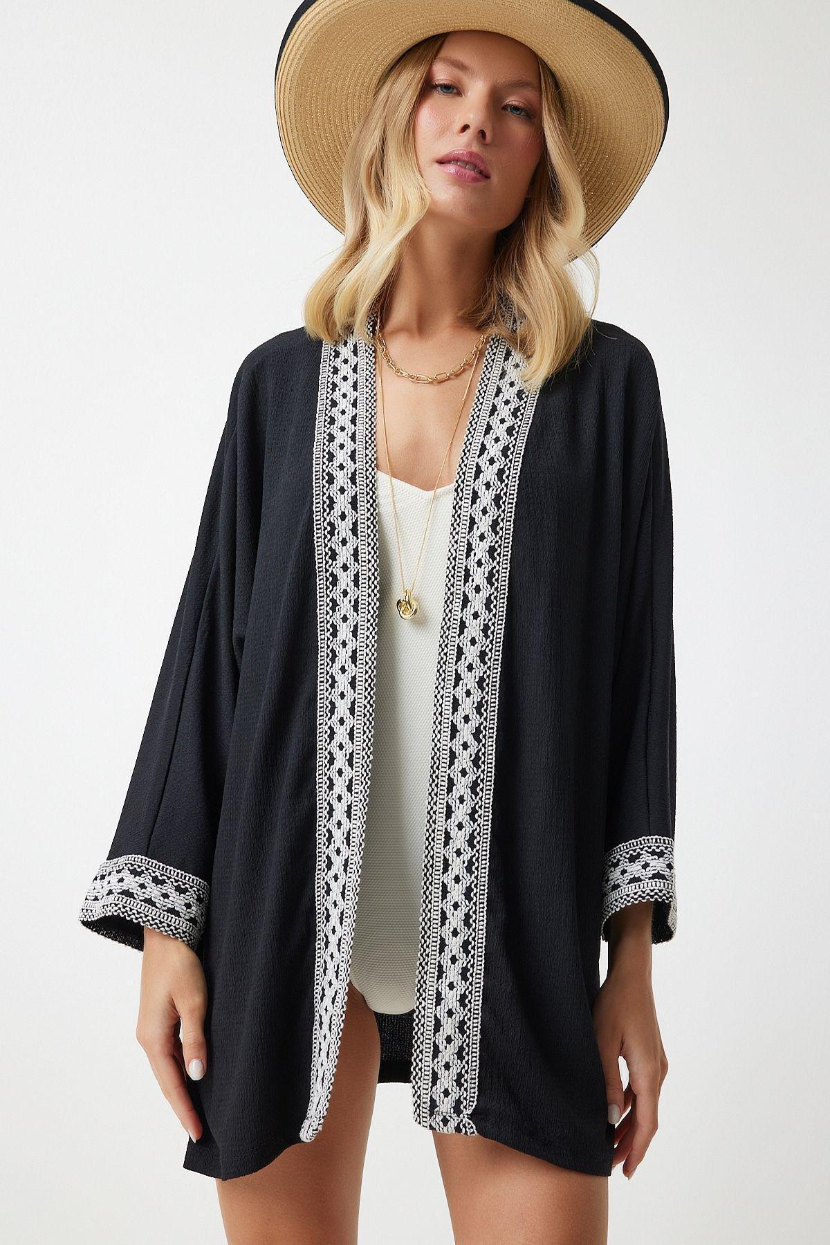 Black Embroidered V-Neck Kimono, BLACK, large image number 1