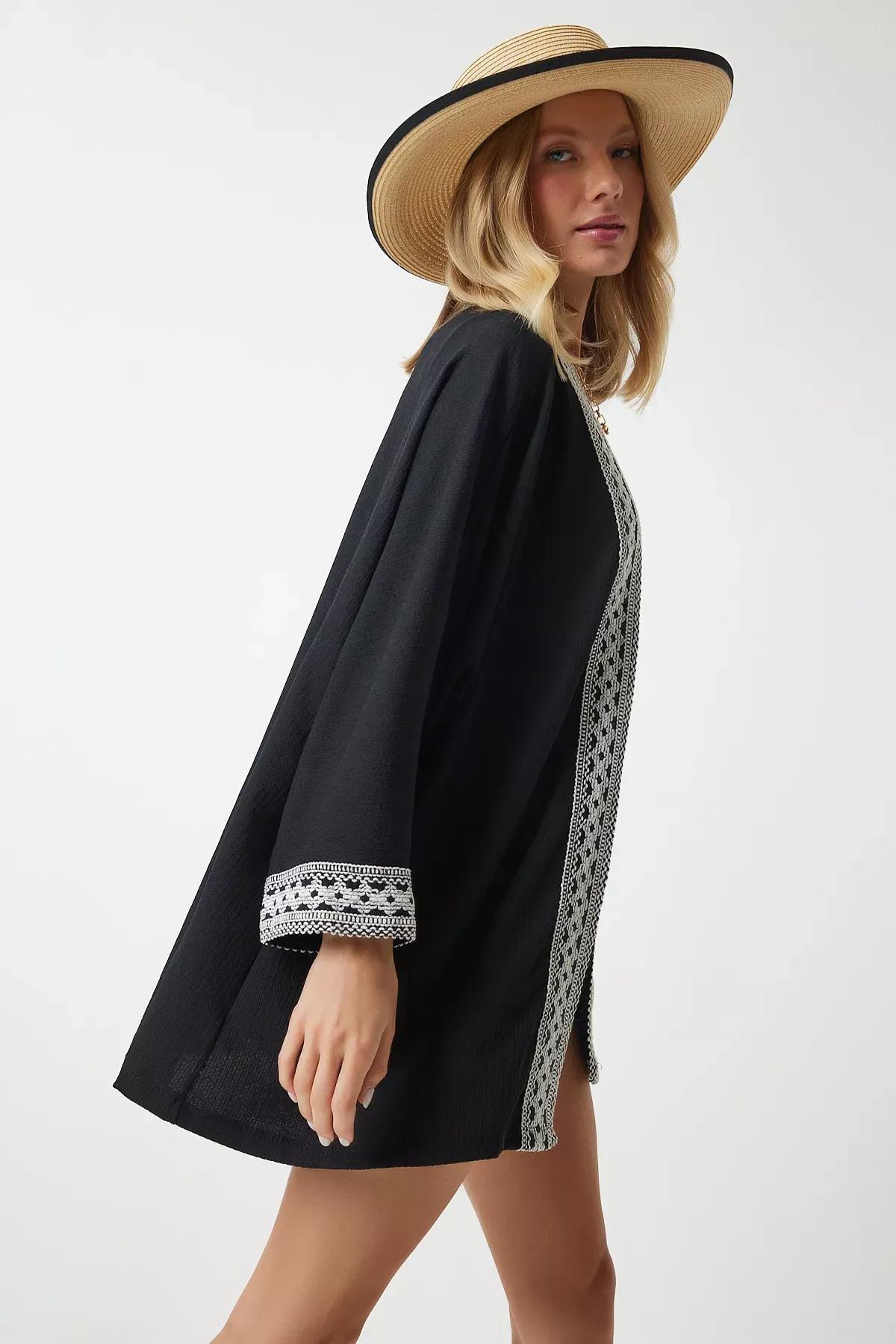 Black Embroidered V-Neck Kimono, BLACK, large image number 2