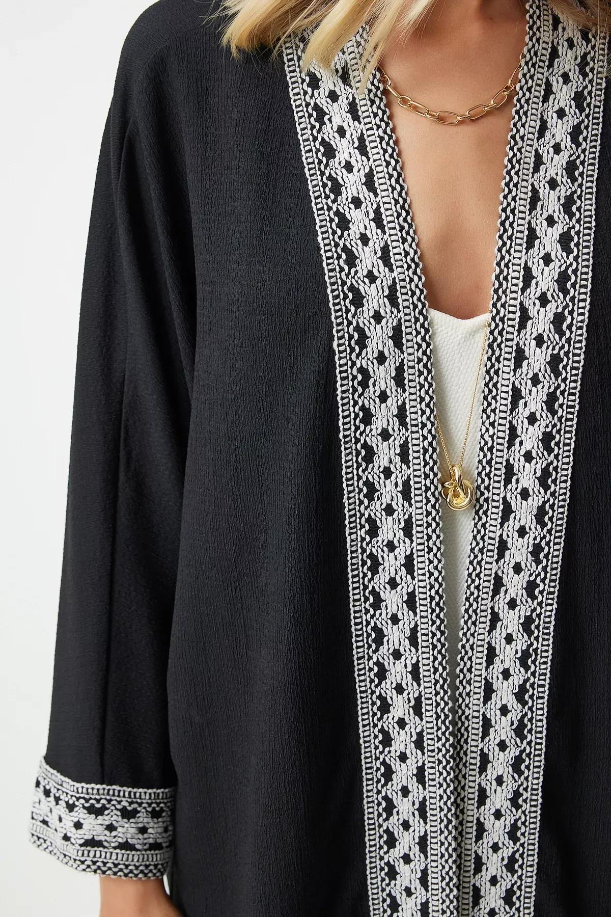 Black Embroidered V-Neck Kimono, BLACK, large image number 4