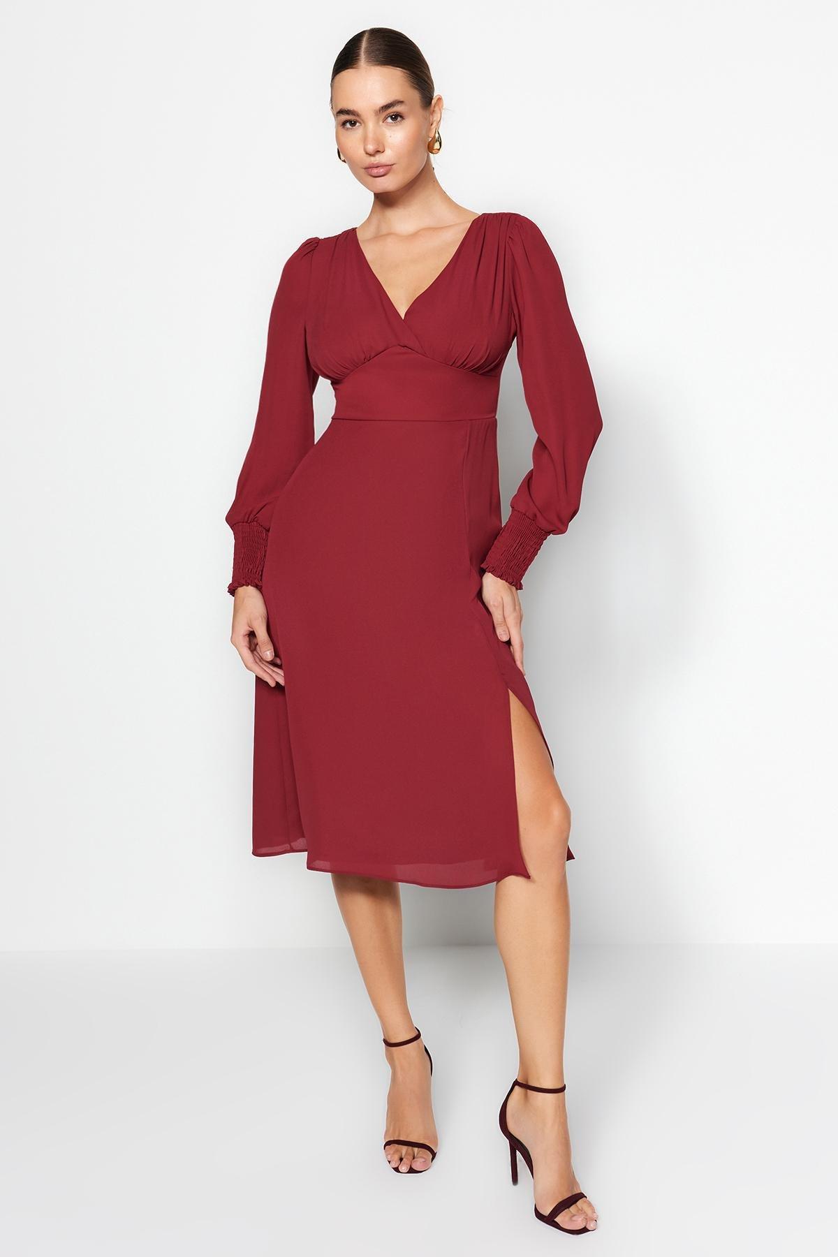 Red Corsage Detailed Slit Midi Dress, , large image number 0