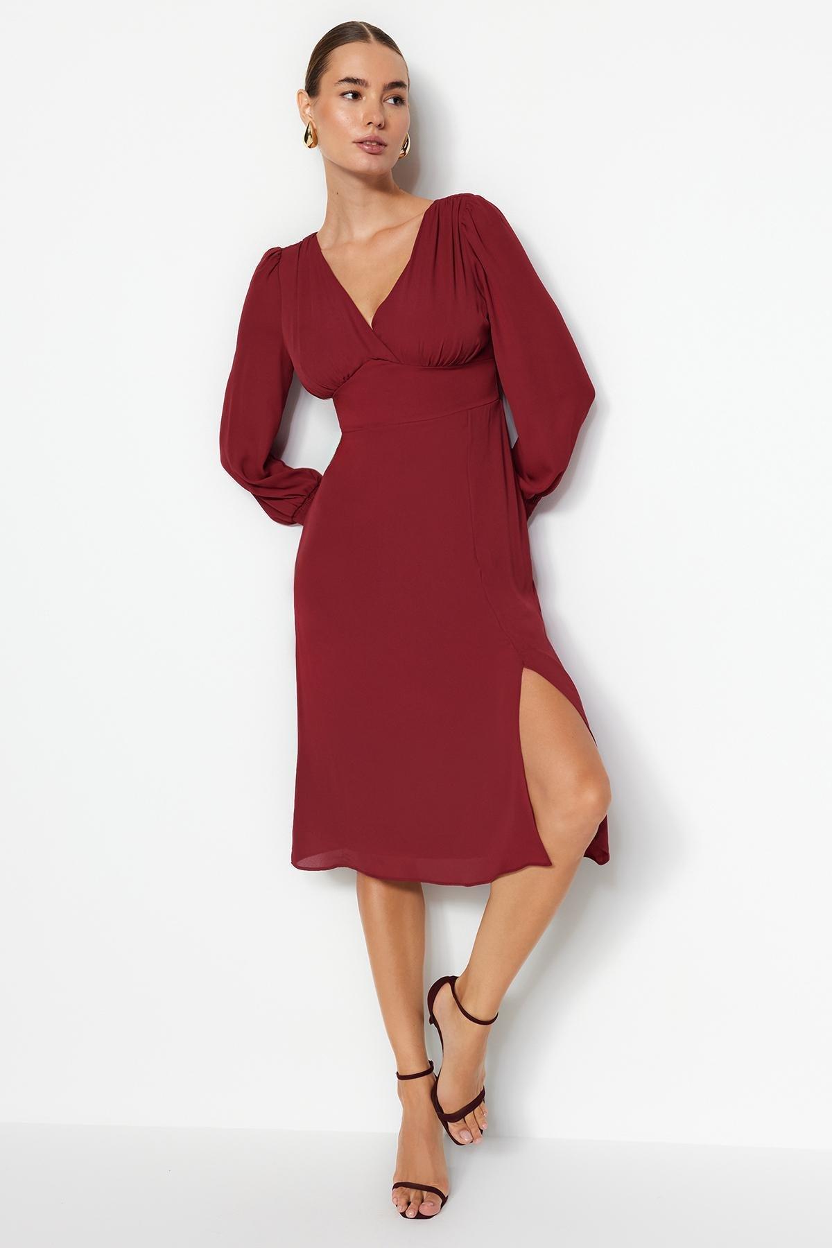 Red Corsage Detailed Slit Midi Dress, , large image number 2