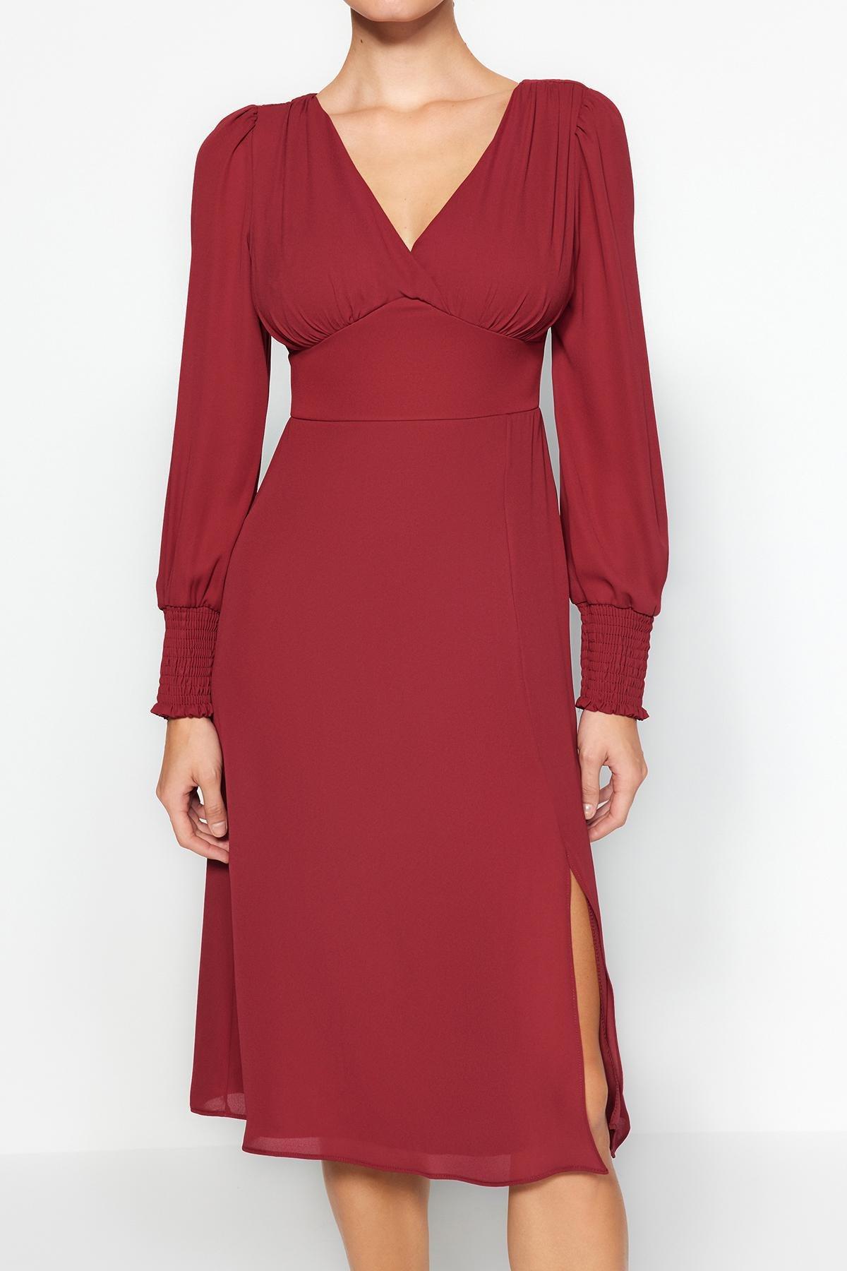 Red Corsage Detailed Slit Midi Dress, , large image number 3