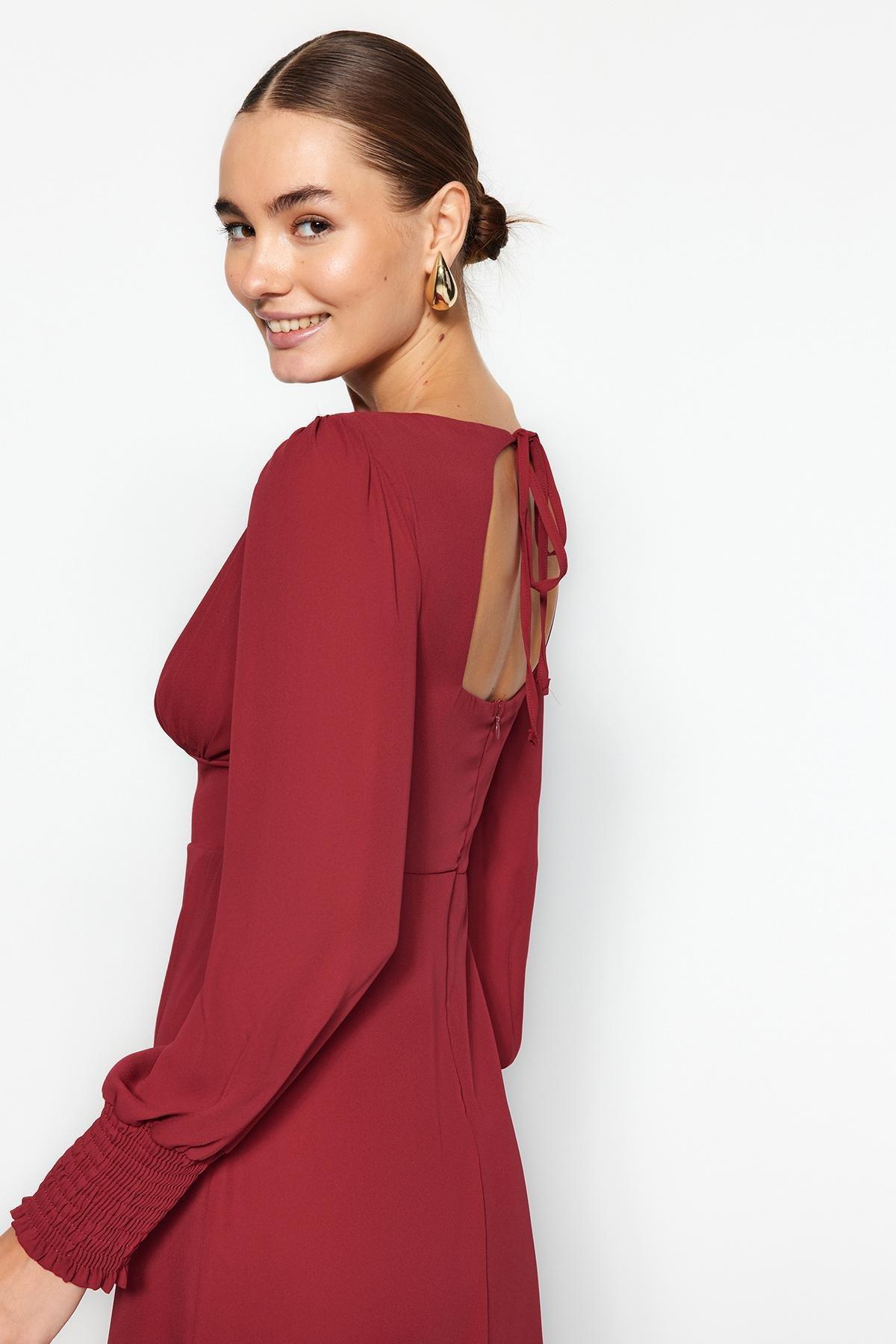 Red Corsage Detailed Slit Midi Dress, , large image number 5