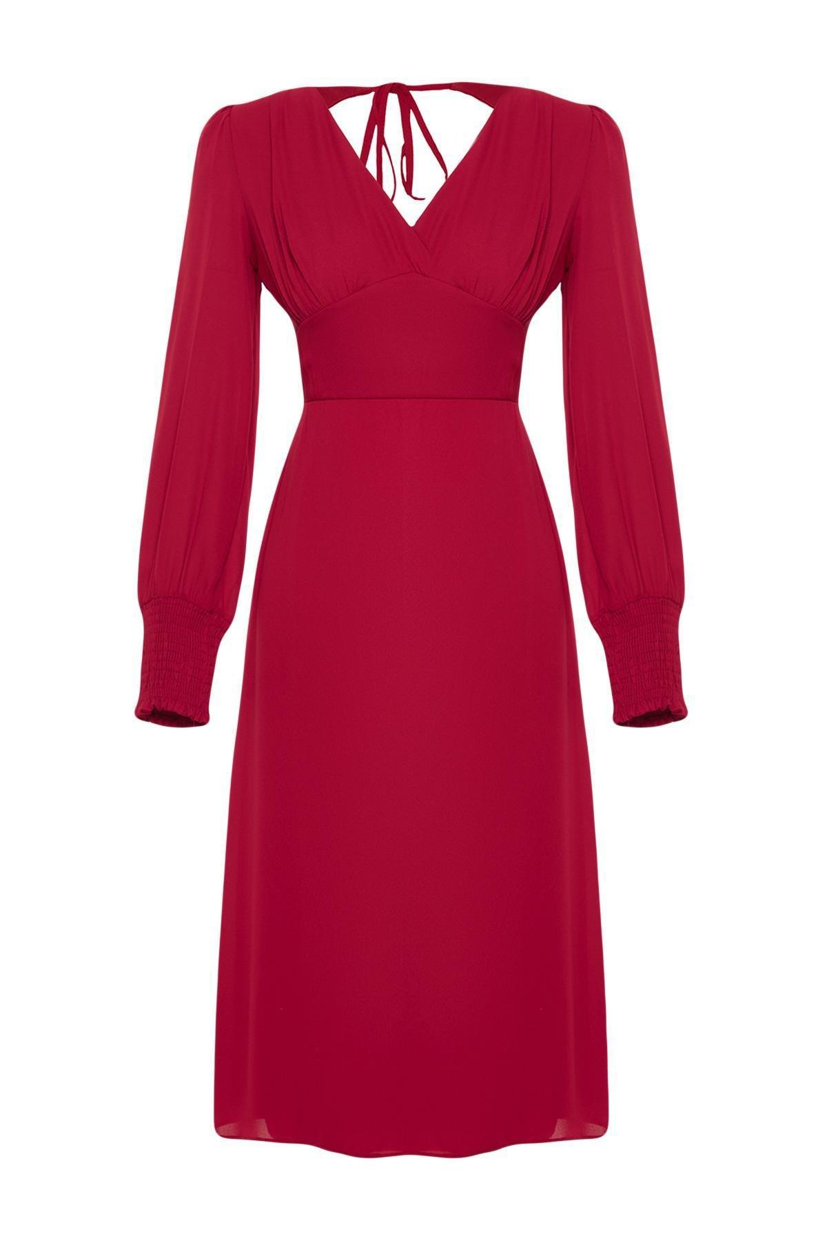 Red Corsage Detailed Slit Midi Dress, , large image number 6