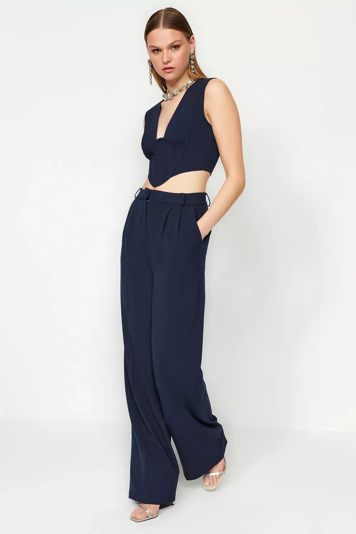 Navy Wide Leg Trousers, Navy blue, large image number 0