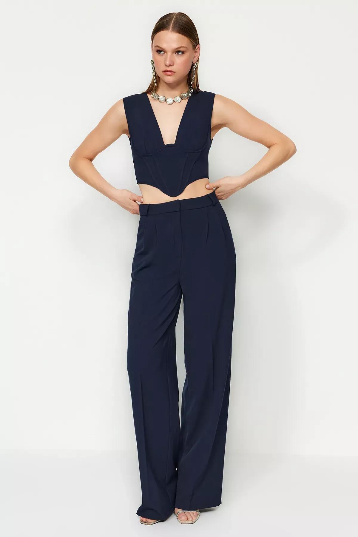 Navy Wide Leg Trousers, Navy blue, large image number 1