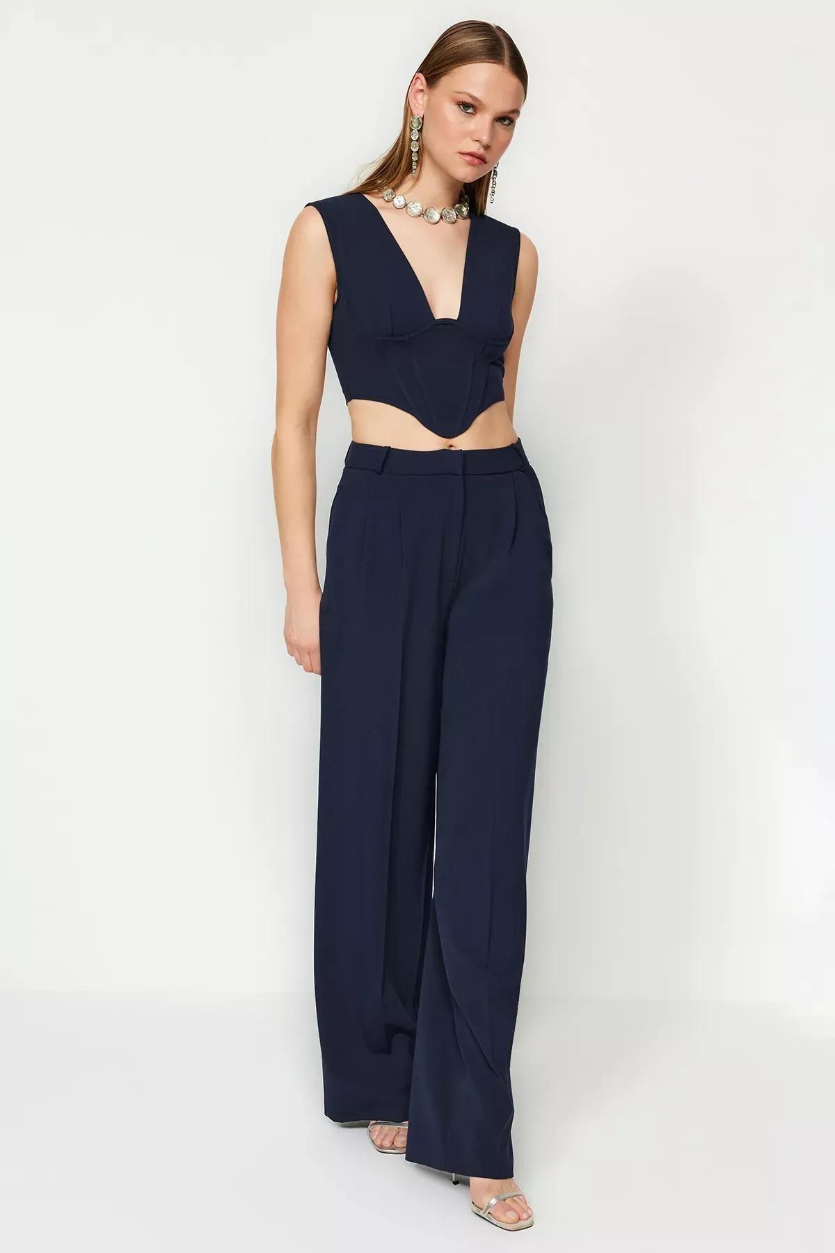 Navy Wide Leg Trousers, Navy blue, large image number 2