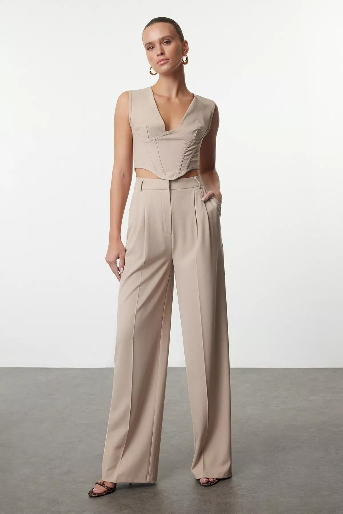 Beige Wide Leg Woven Trousers, , large image number 0