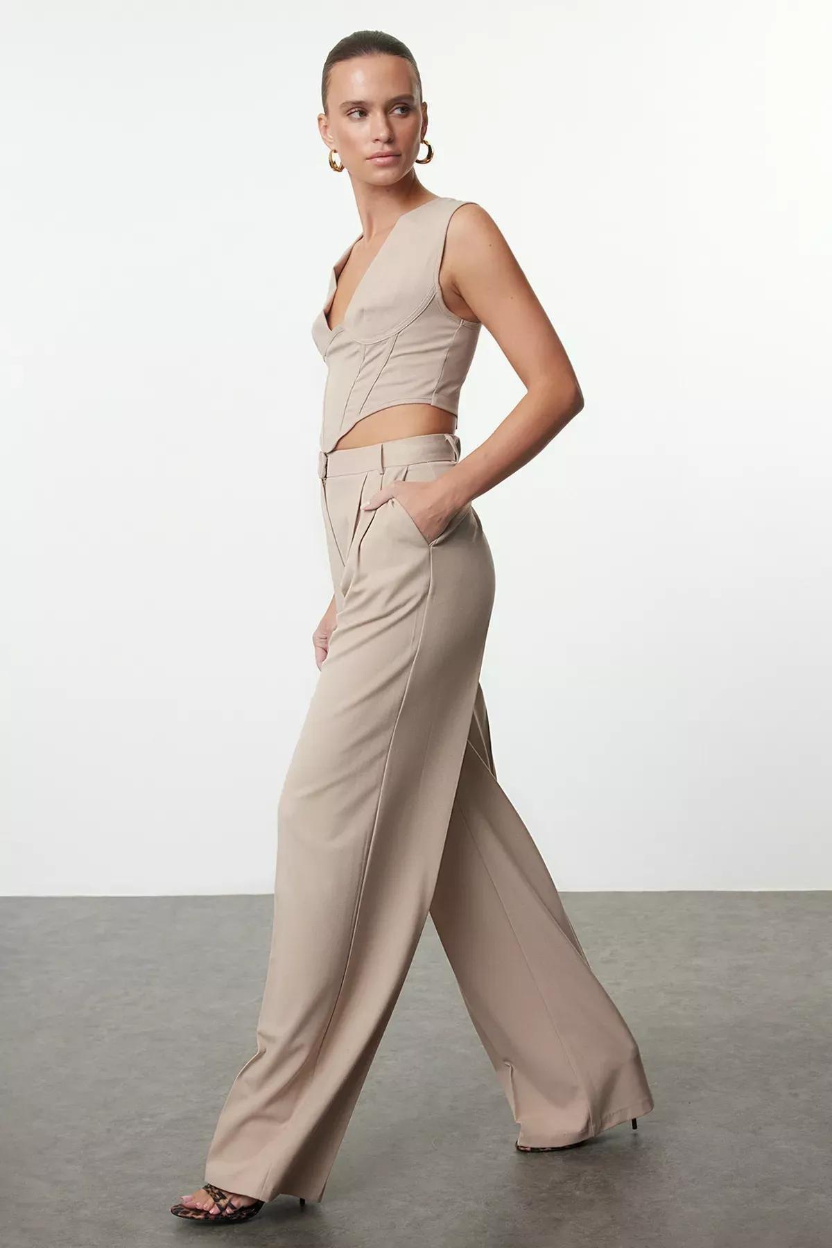 Beige Wide Leg Woven Trousers, , large image number 1