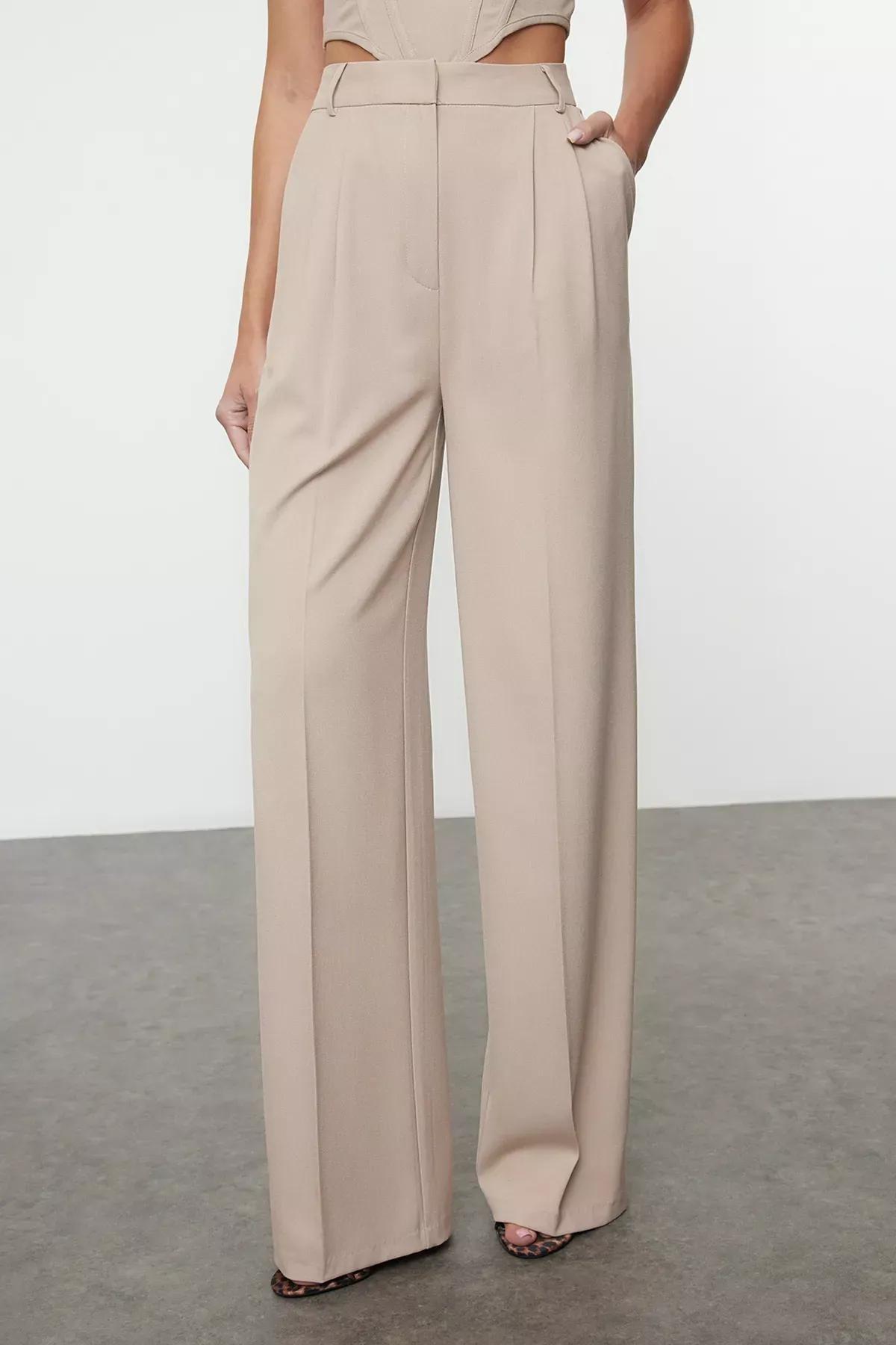 Beige Wide Leg Woven Trousers, , large image number 2