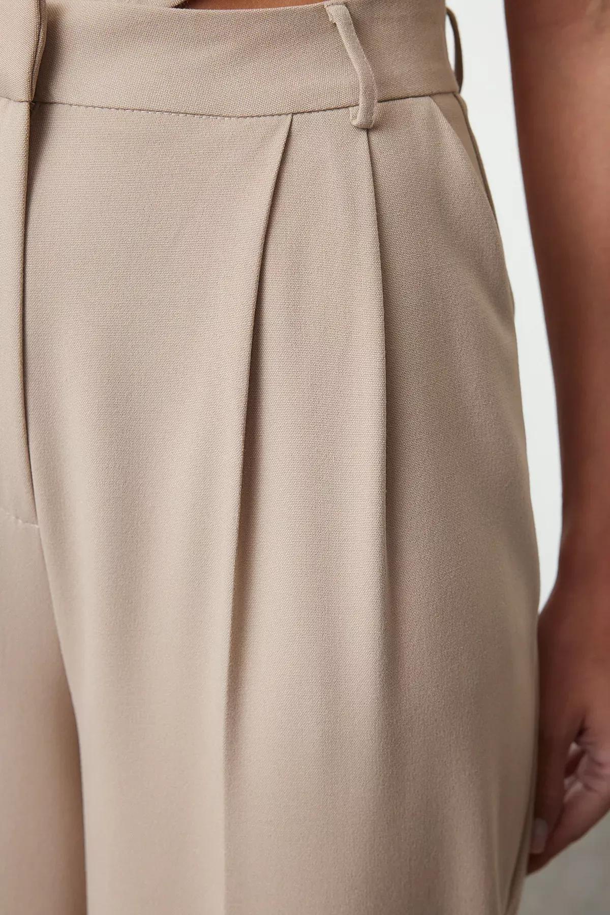 Beige Wide Leg Woven Trousers, , large image number 3