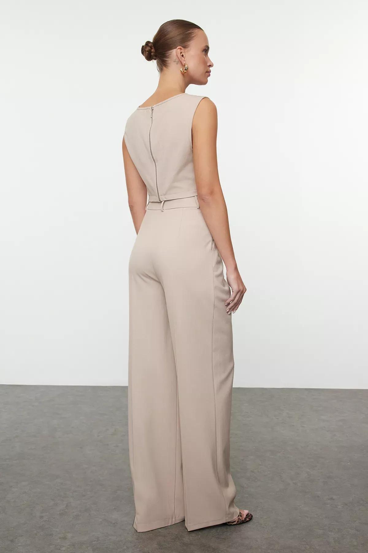 Beige Wide Leg Woven Trousers, , large image number 4