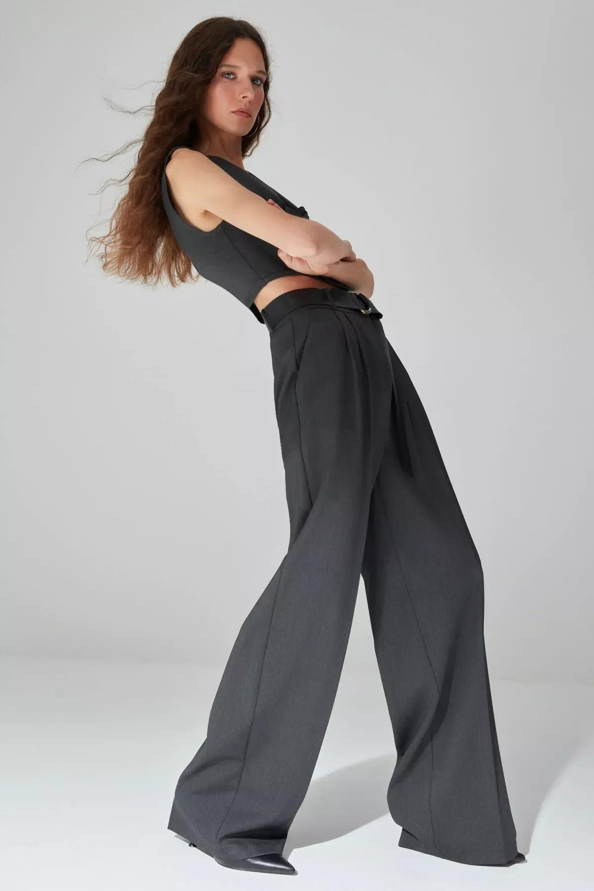 Grey Wide Leg Pants, Gray, large image number 1