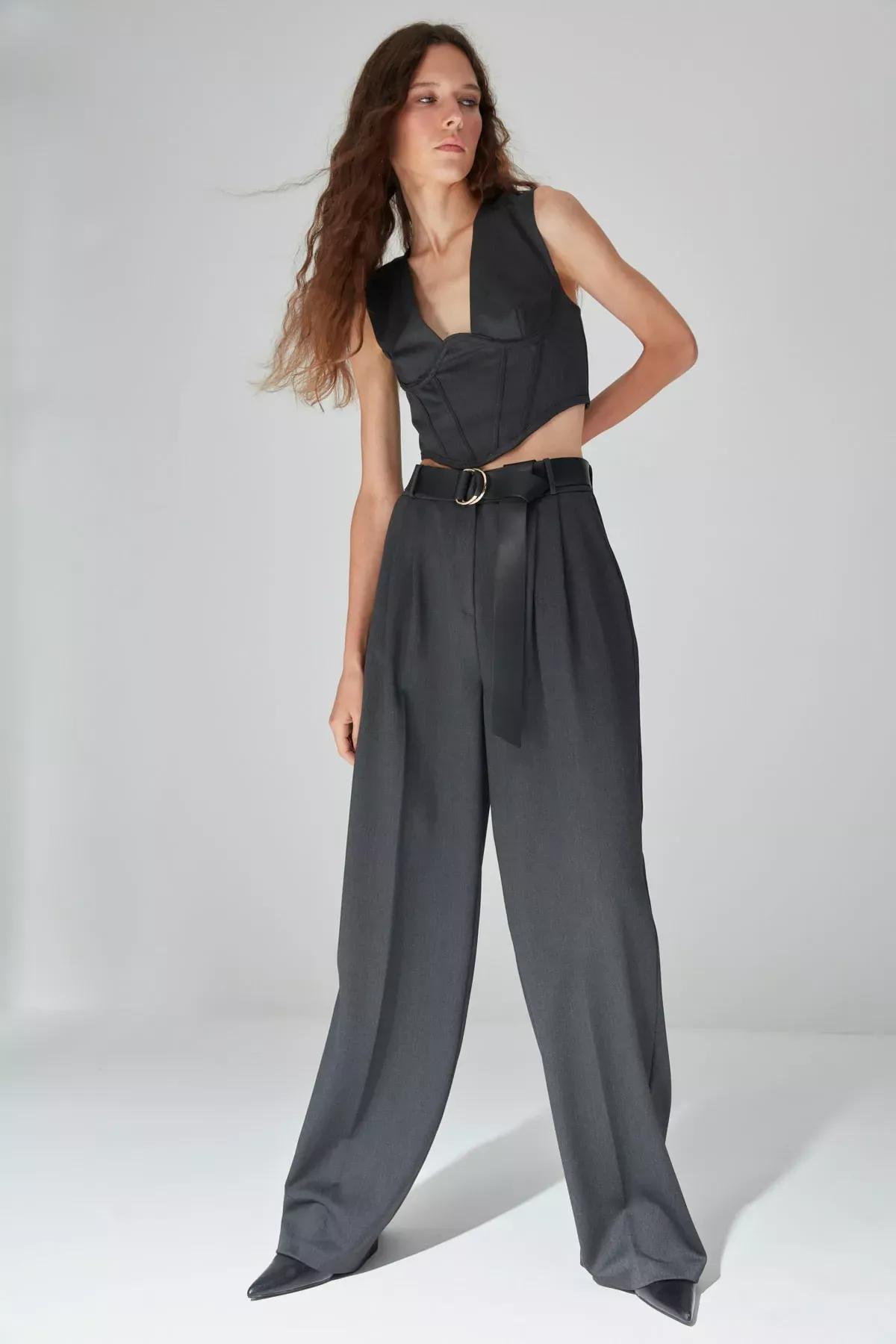 Grey Wide Leg Pants, Gray, large image number 3