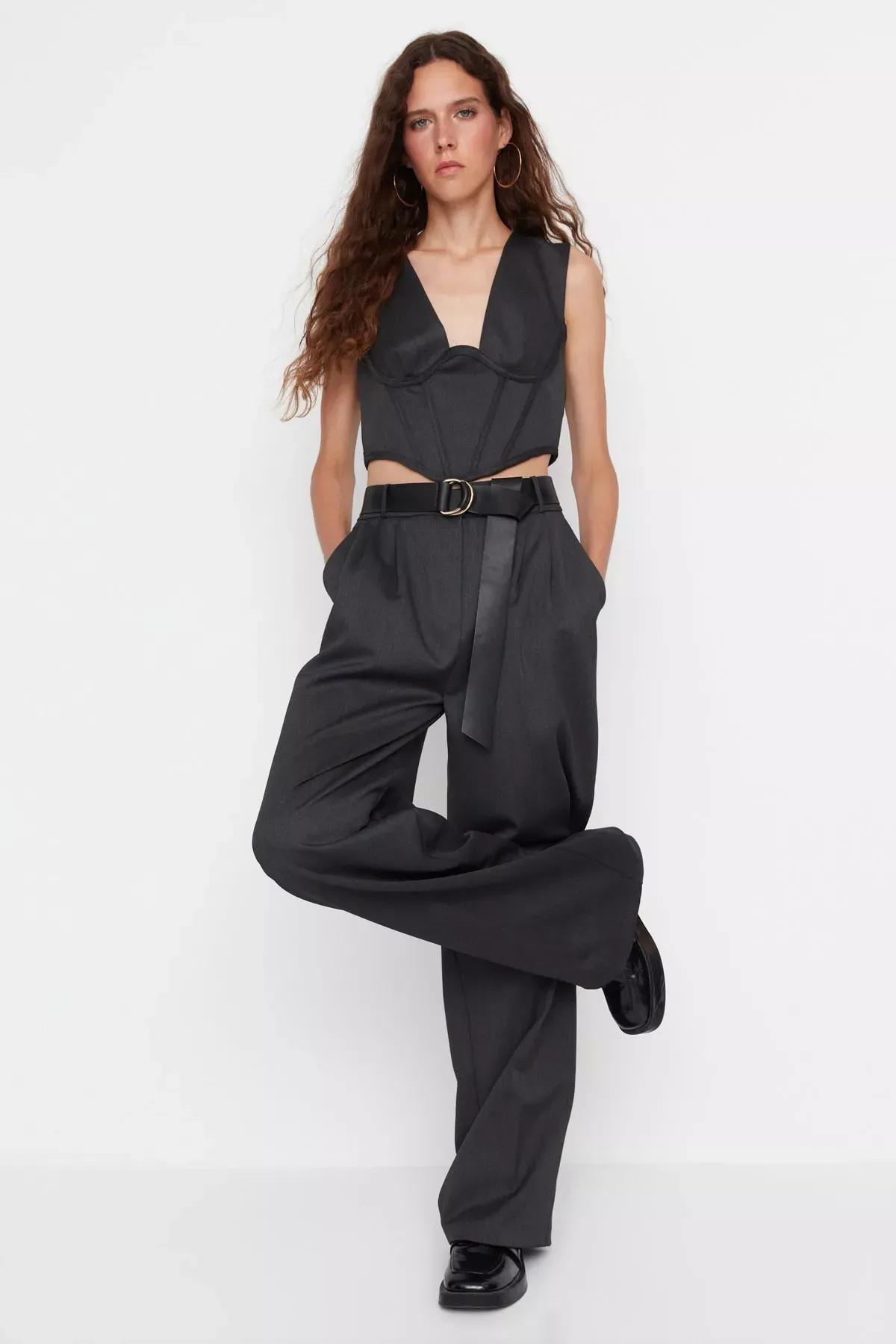 Grey Wide Leg Pants, Gray, large image number 6