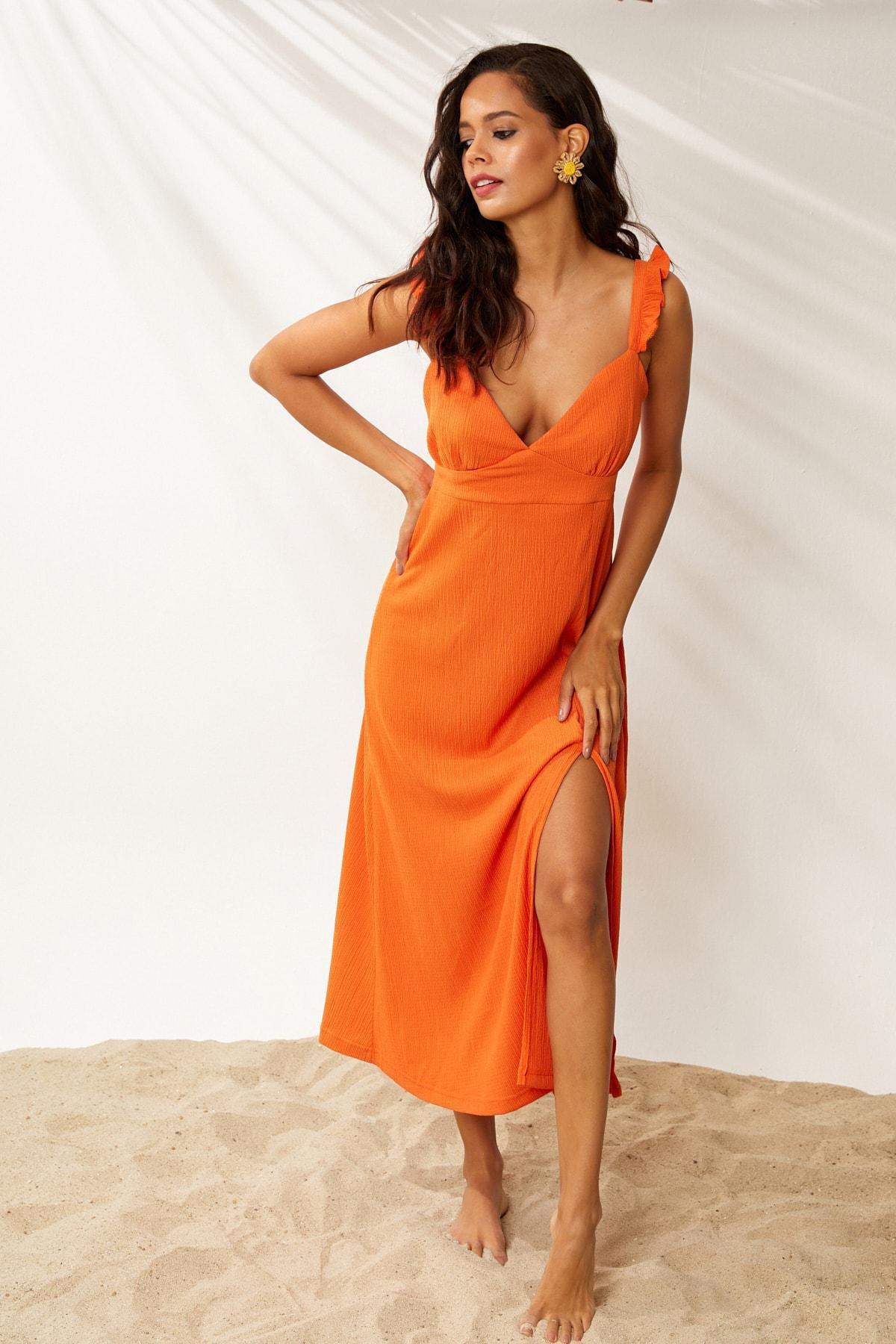 Orange Plunge Neck Dress, Orange, large image number 1