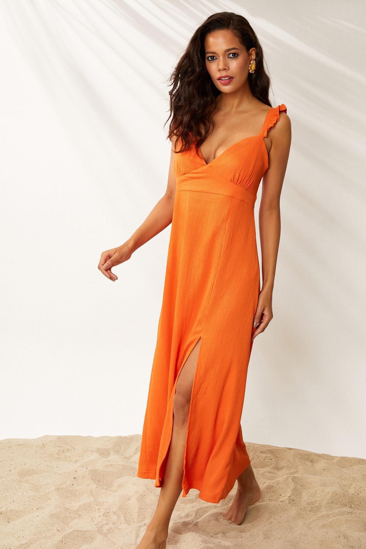 Orange Plunge Neck Dress, Orange, large image number 2