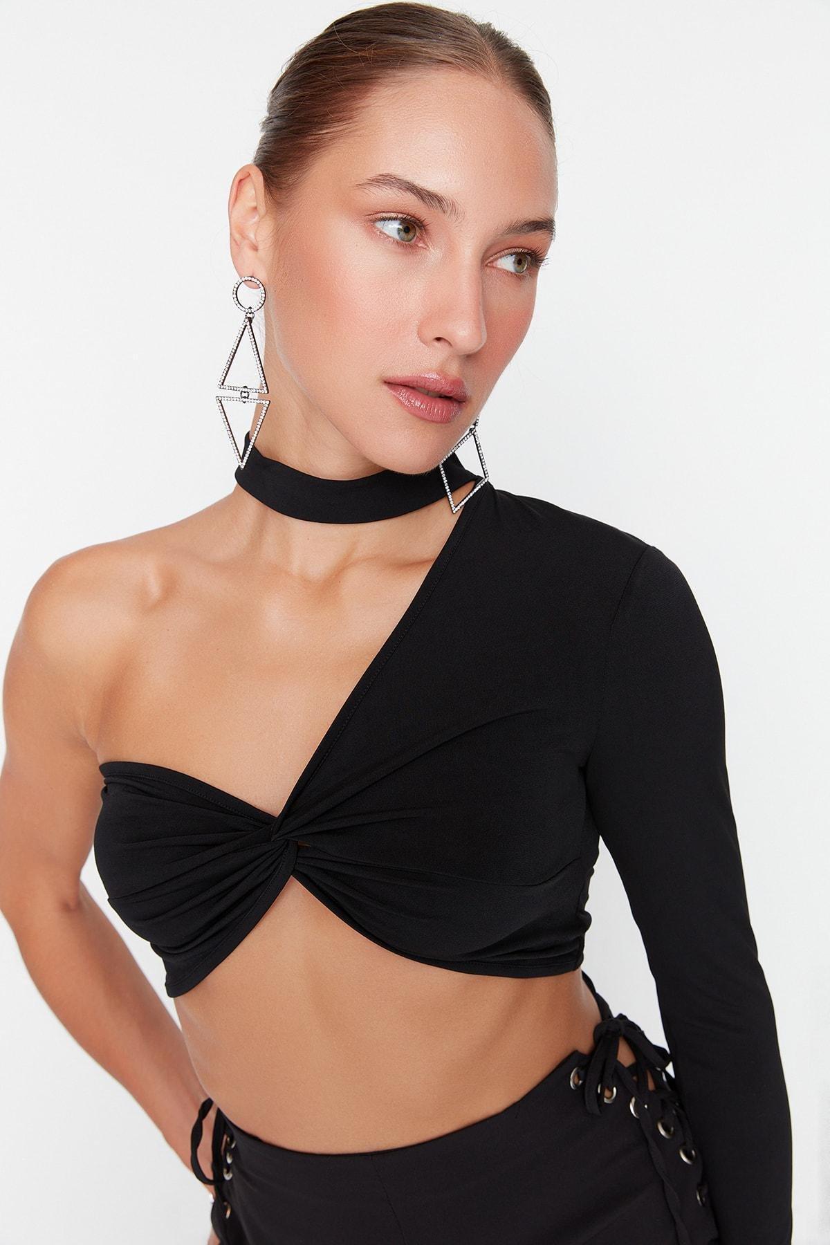 Black Asymmetrical Collared Crop Top, , large image number 0