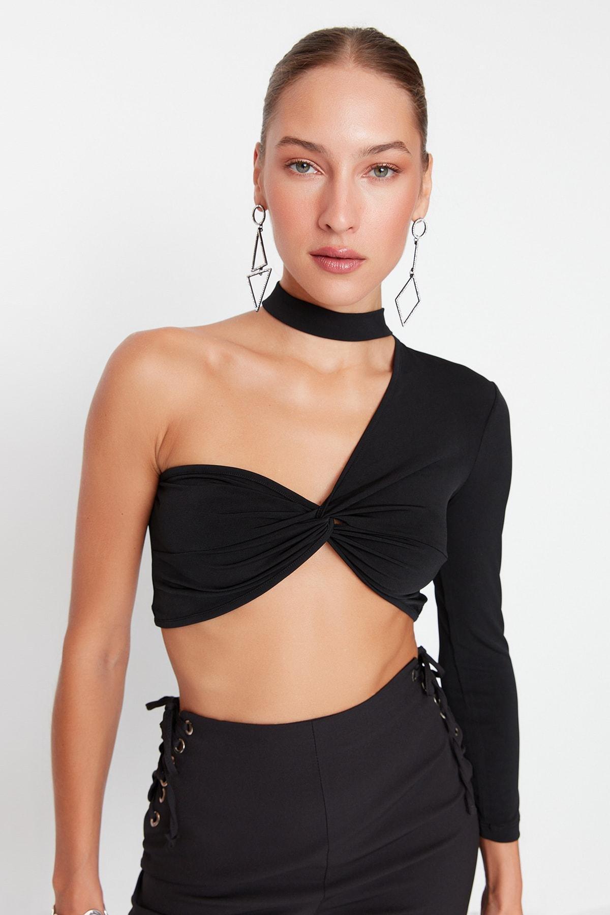 Black Asymmetrical Collared Crop Top, , large image number 1