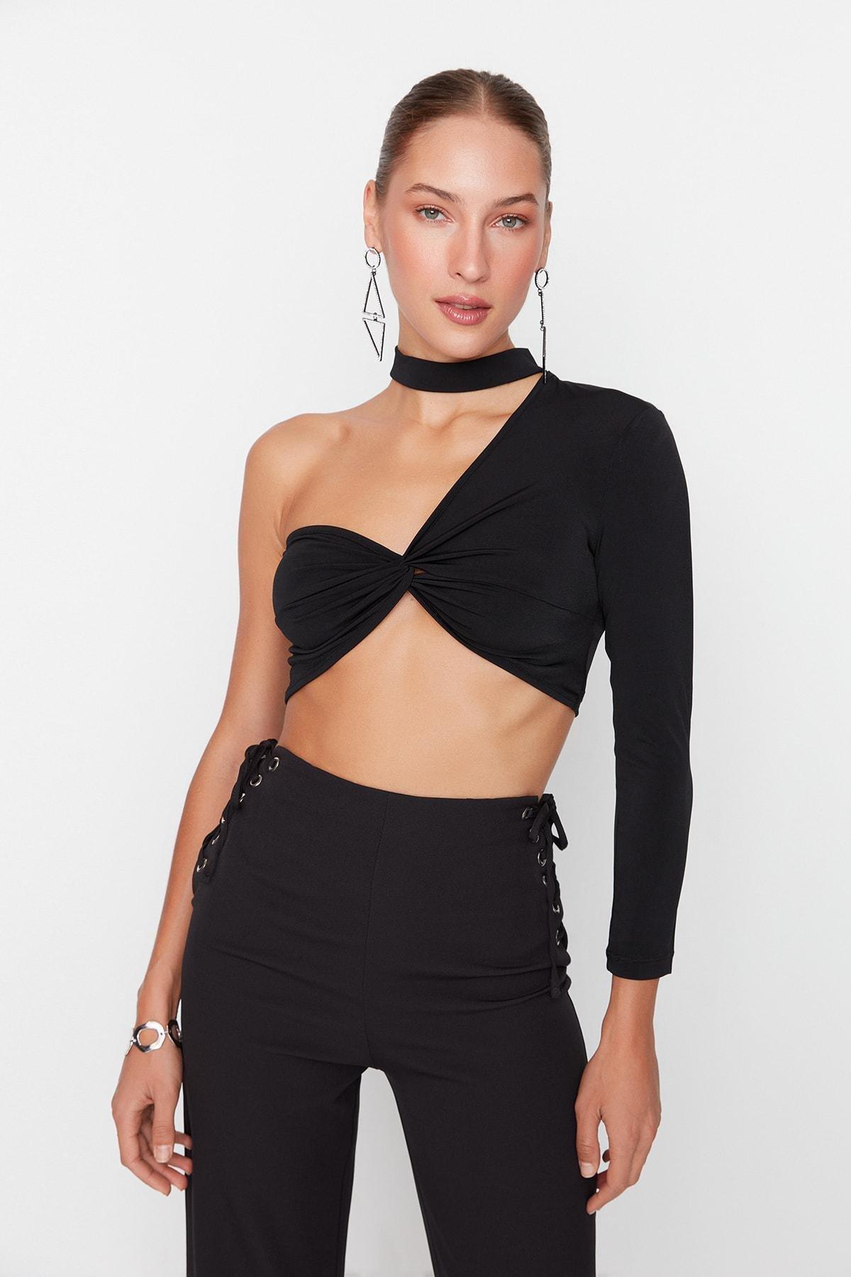 Black Asymmetrical Collared Crop Top, , large image number 3