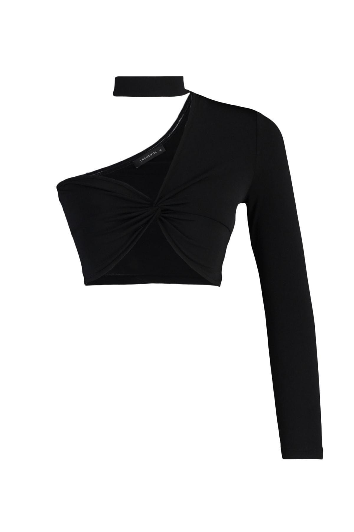 Black Asymmetrical Collared Crop Top, , large image number 5