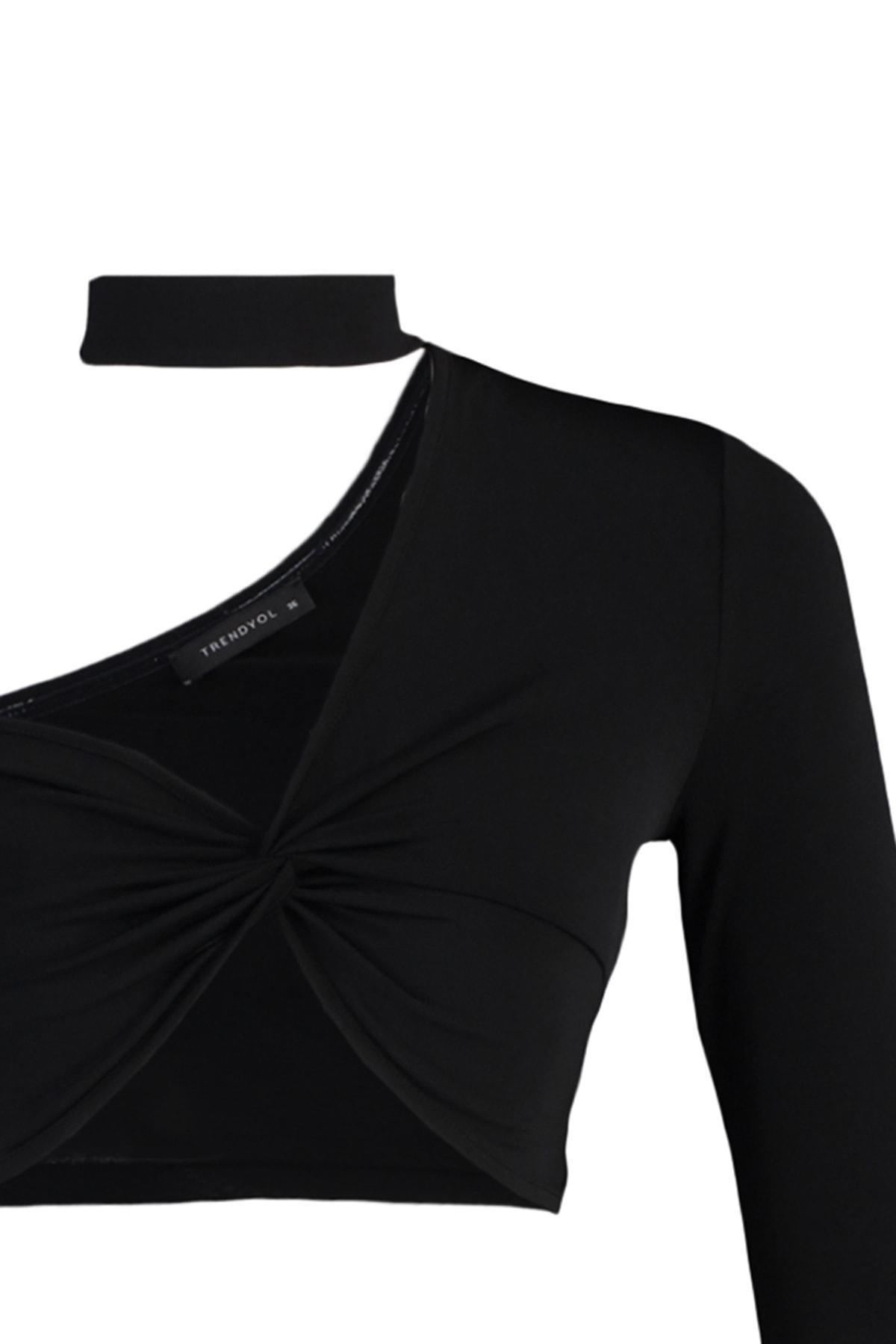 Black Asymmetrical Collared Crop Top, , large image number 6