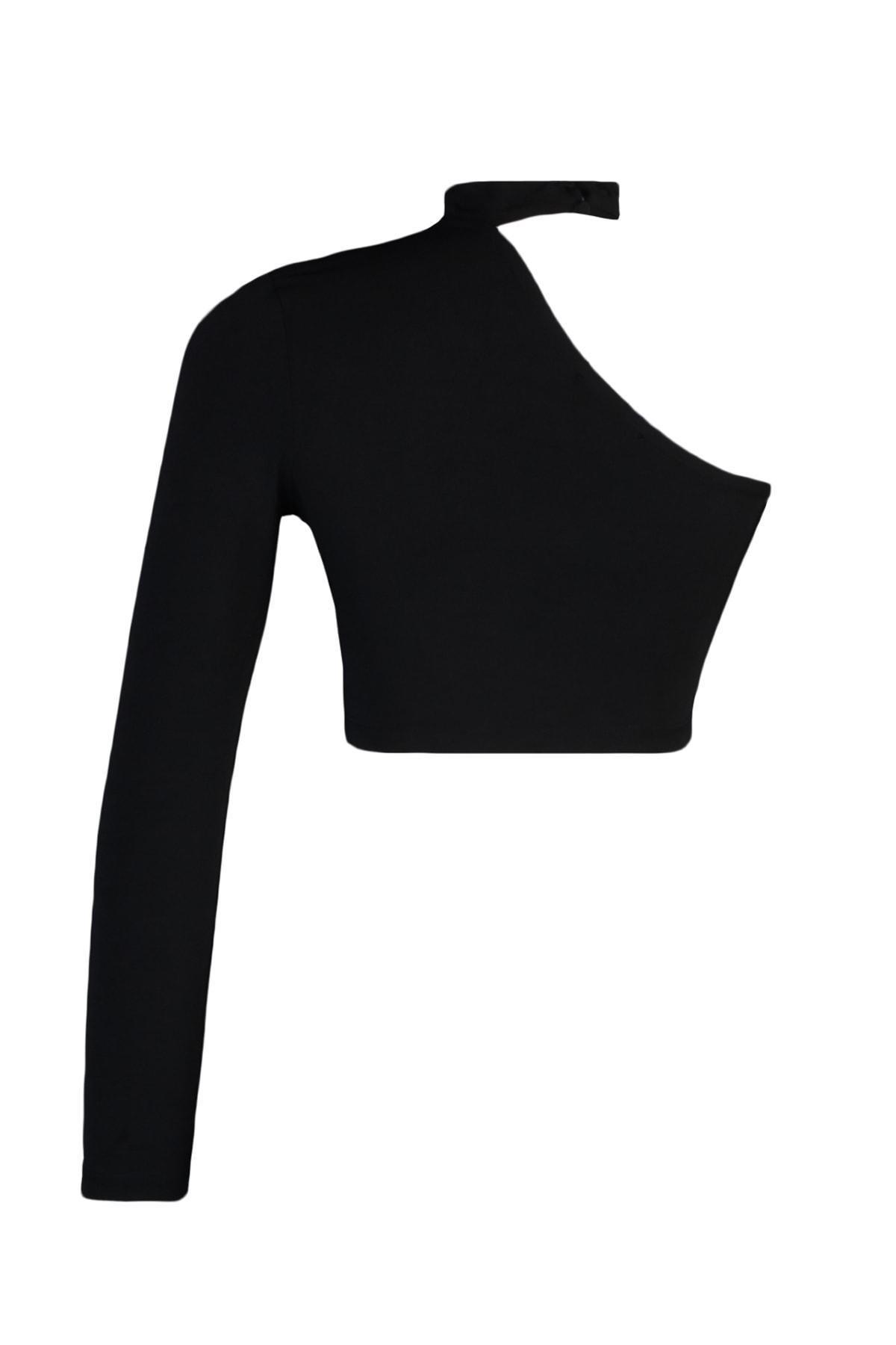 Black Asymmetrical Collared Crop Top, , large image number 7