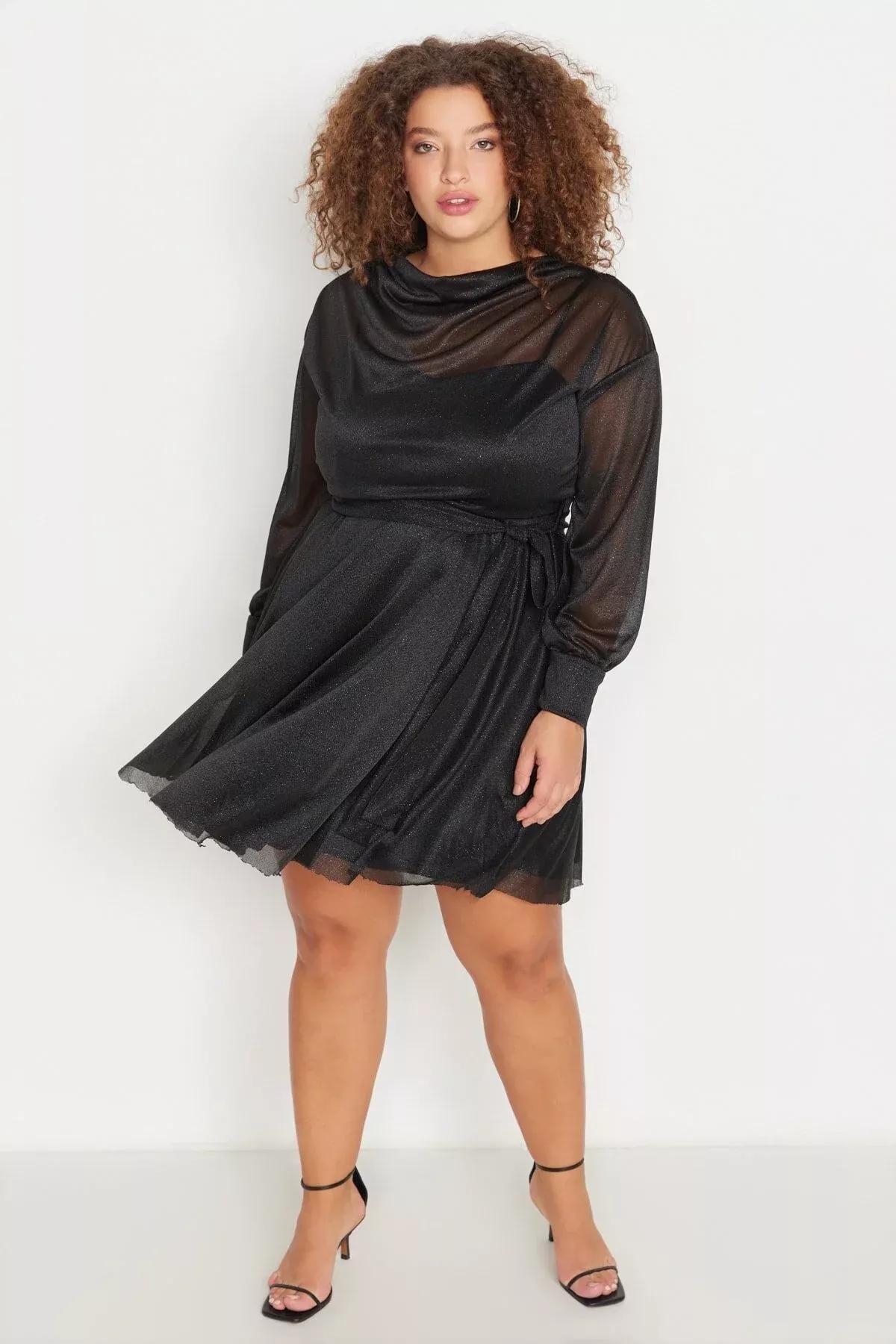 Black Skater Plus Size Dress, Black, large image number 0