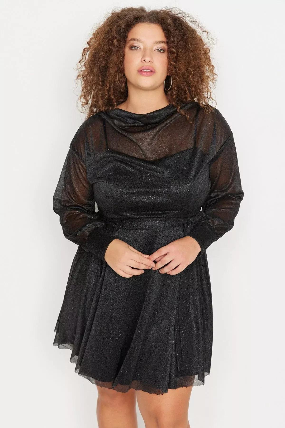 Black Skater Plus Size Dress, Black, large image number 3