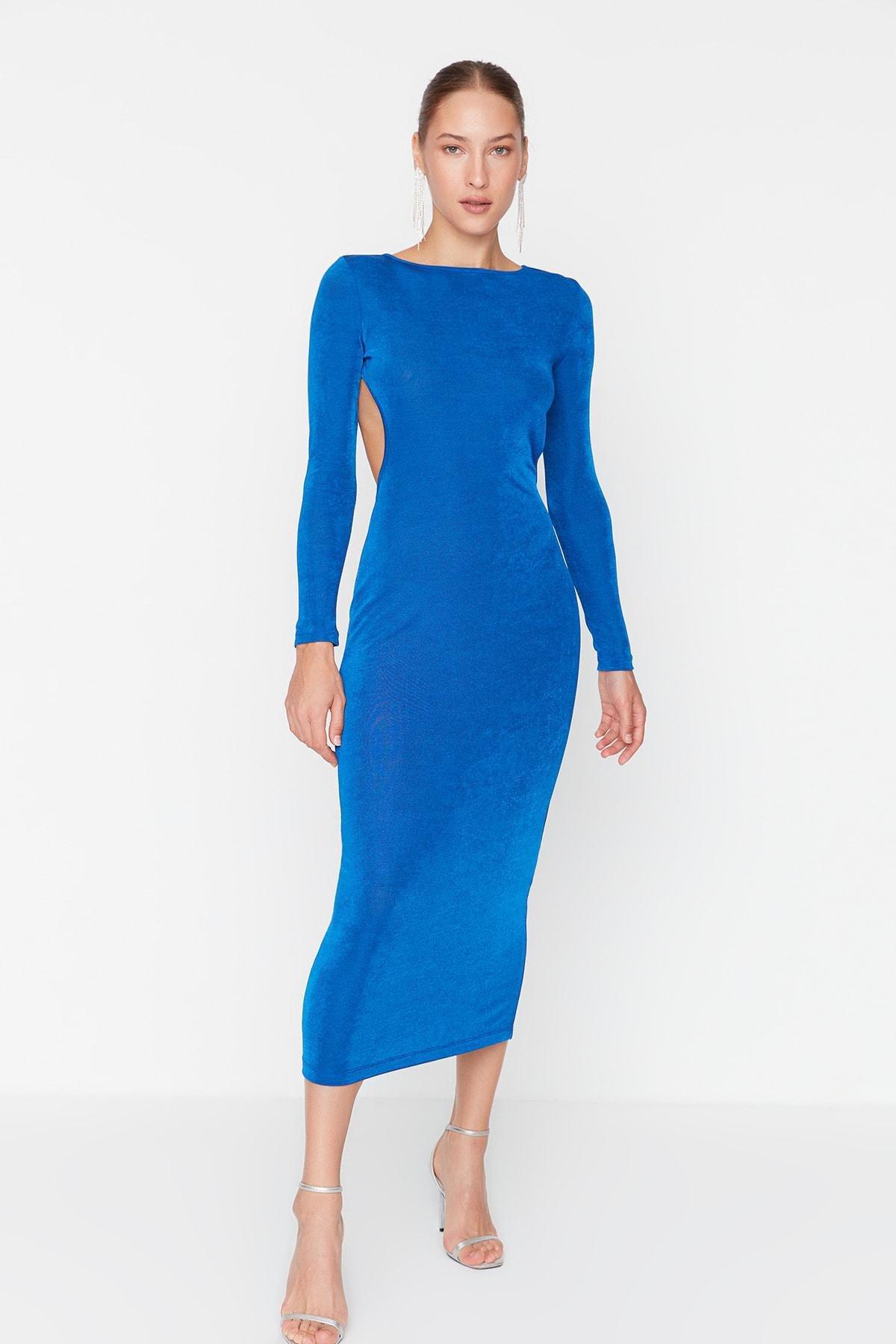 Trendyol Blue Fitted Shift Boat Neck Dress Azadea UAE