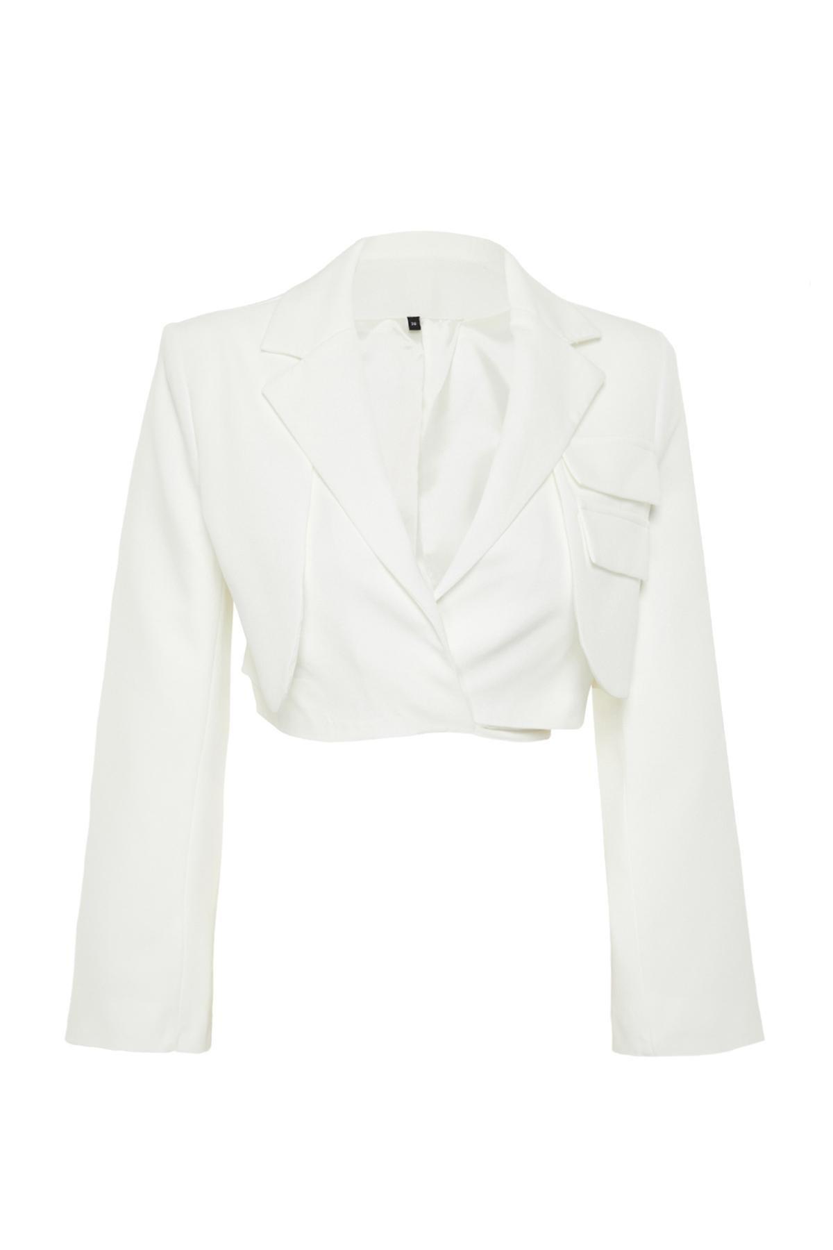 Ecru Crop Lined Double-Breasted Blazer Jacket, , large image number 5