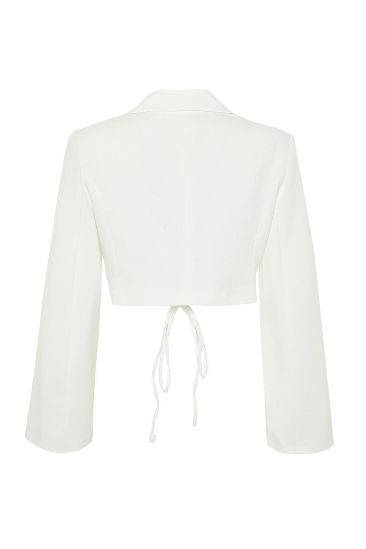 Ecru Crop Lined Double-Breasted Blazer Jacket, , large image number 6