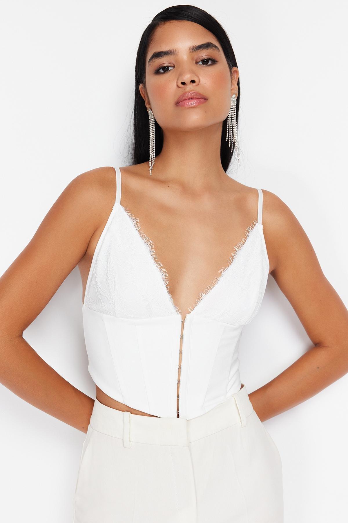 White Crop Lined Woven Bustier, , large image number 0