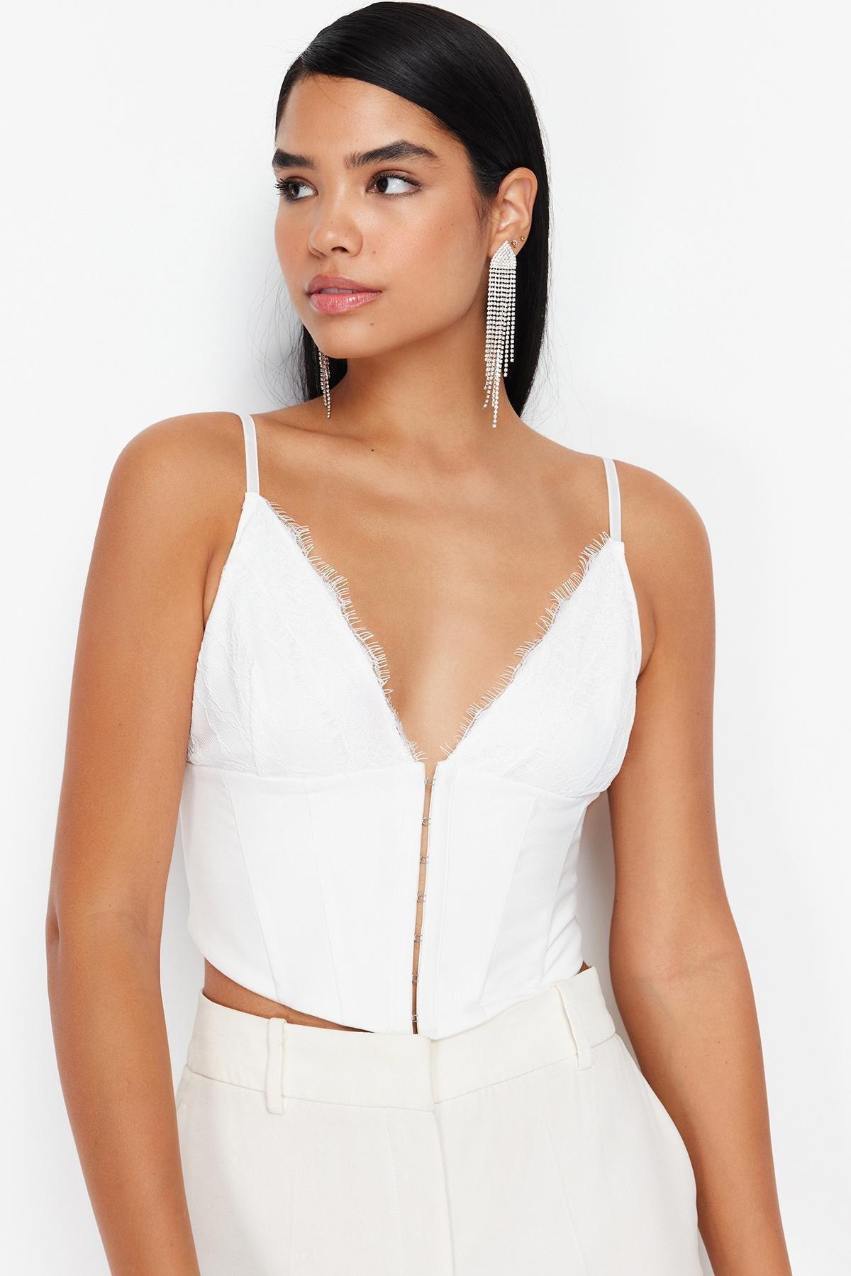 White Crop Lined Woven Bustier, , large image number 1