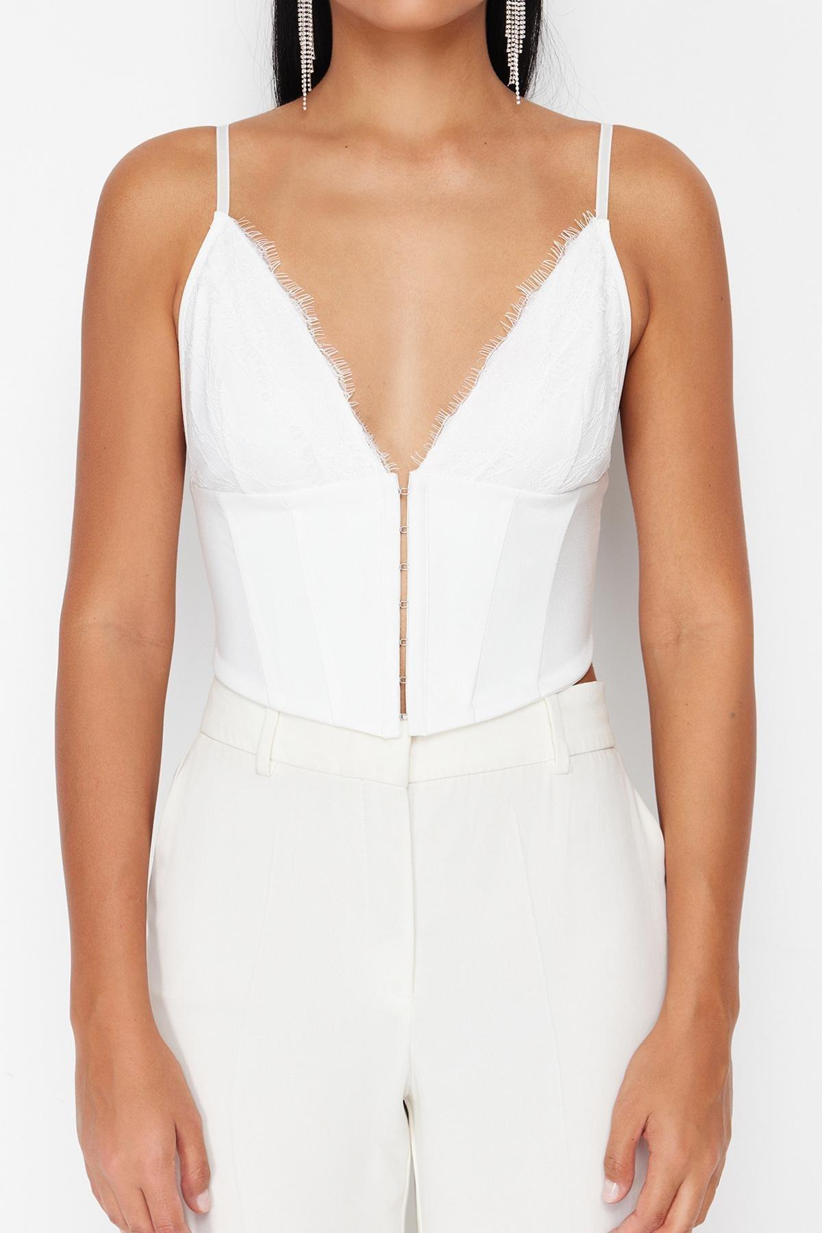 White Crop Lined Woven Bustier, , large image number 3