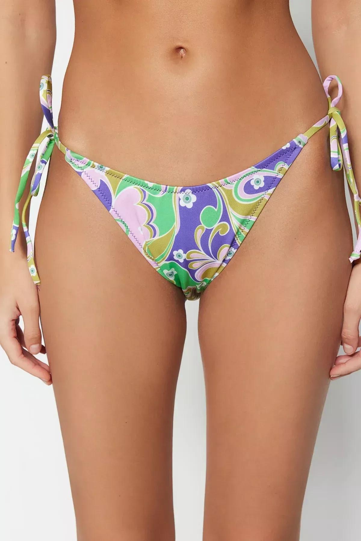 Purple Floral Tie Bikini Bottom, Purple, medium