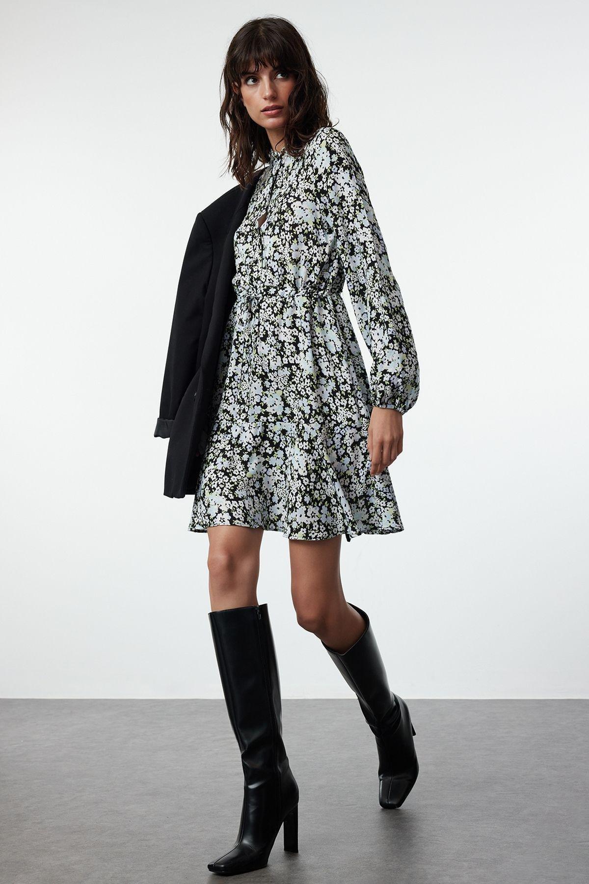 Black Floral Bohemian Mini Dress, , large image number 0