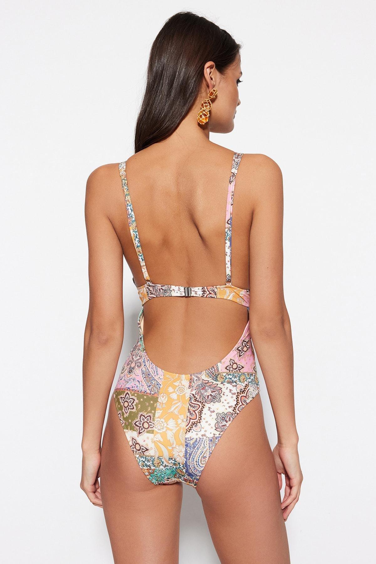 Trendyol - Pink Patterned Cut Out Swimsuit