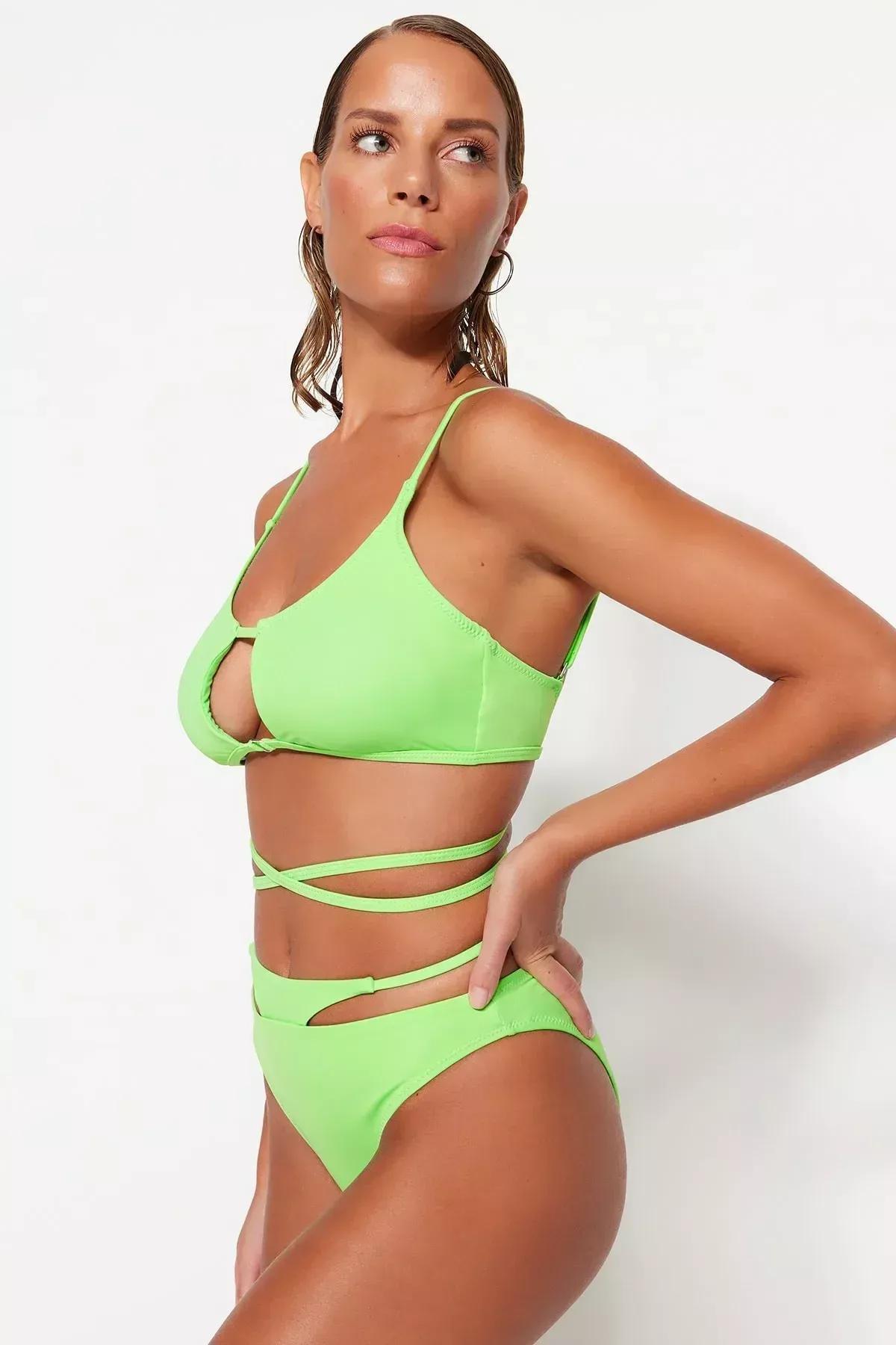 Green Strap Detail Bikini Bottom, Green, large image number 2