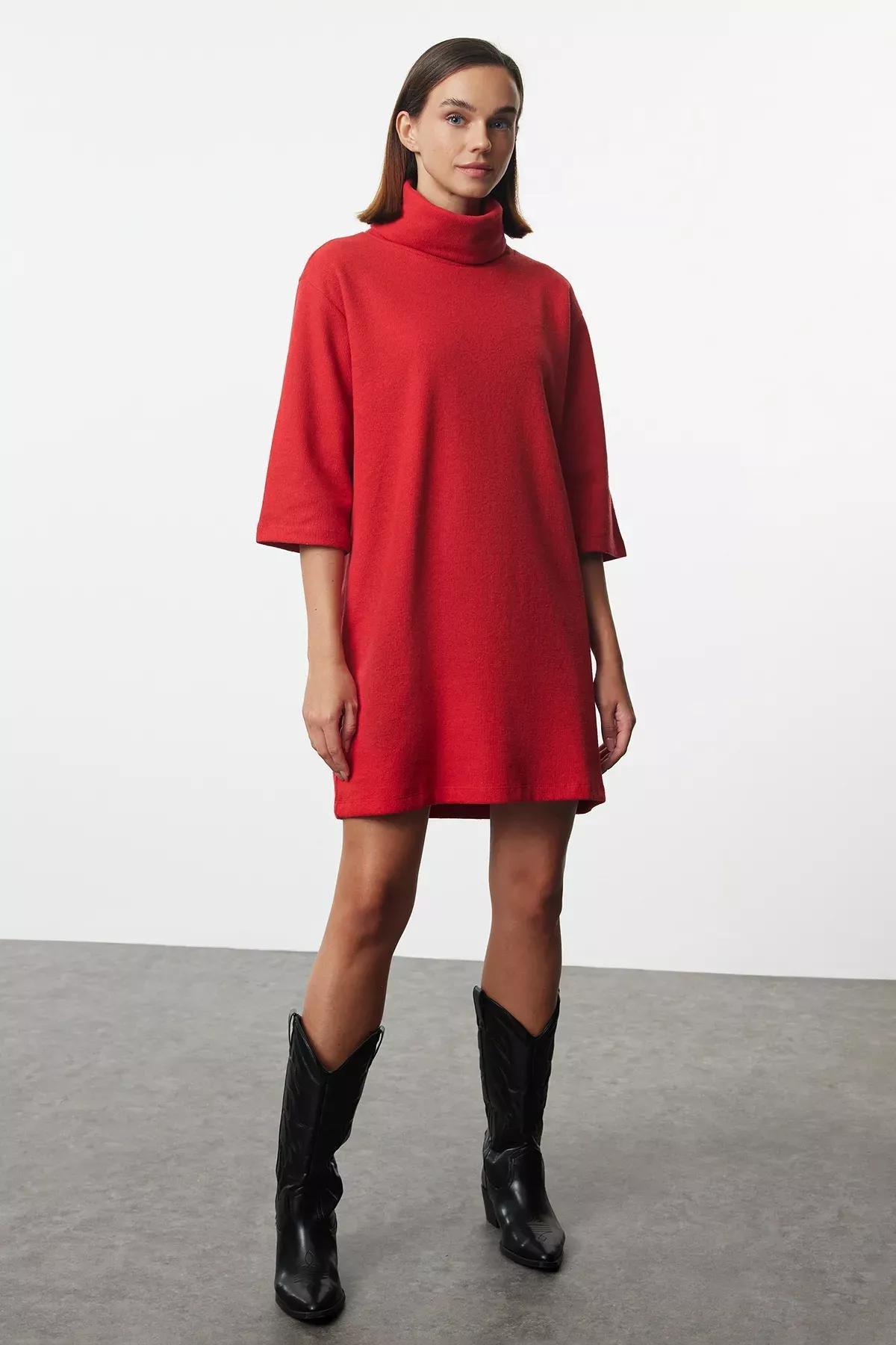 Red Turtleneck Straight Mini Dress, , large image number 0