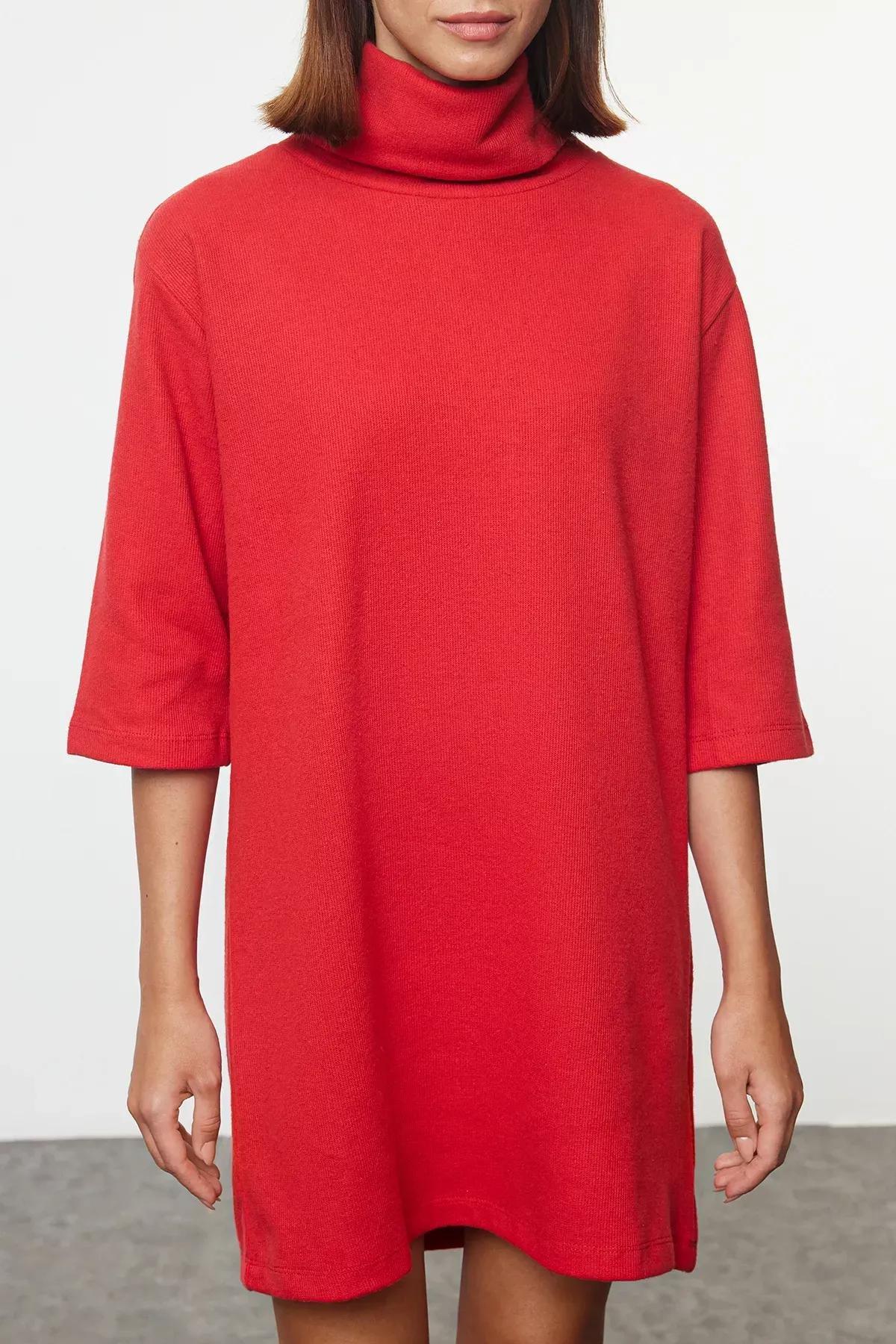 Red Turtleneck Straight Mini Dress, , large image number 2