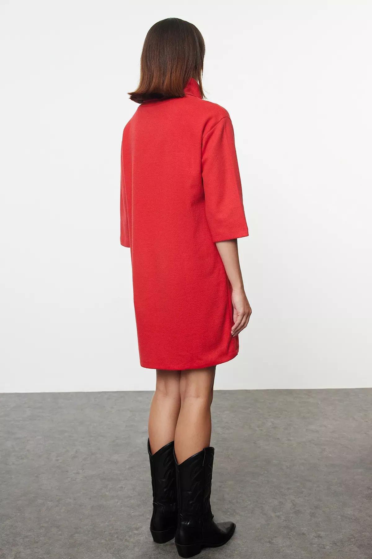 Red Turtleneck Straight Mini Dress, , large image number 4
