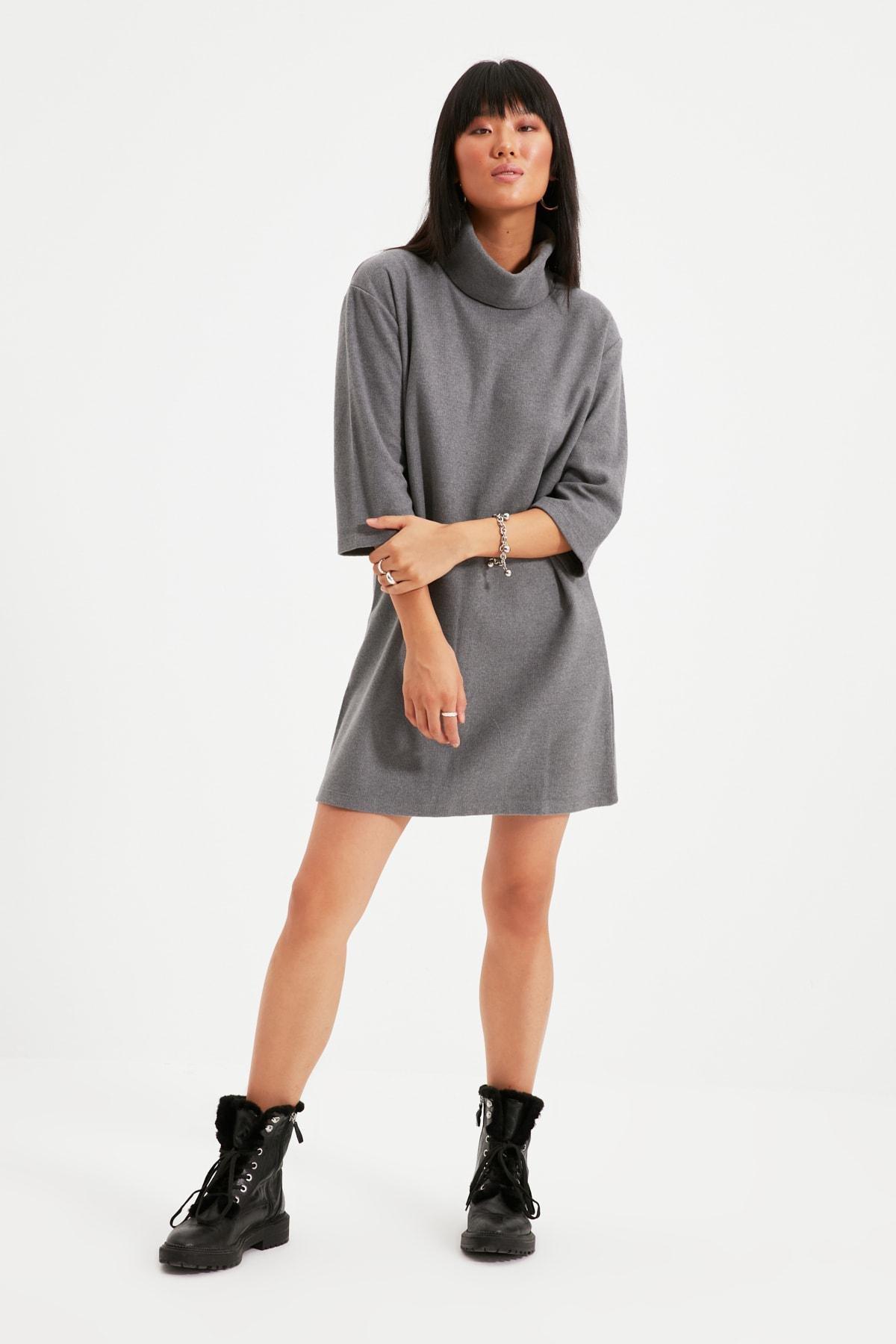 Grey Turtleneck Shift Dress, Gray, large image number 1