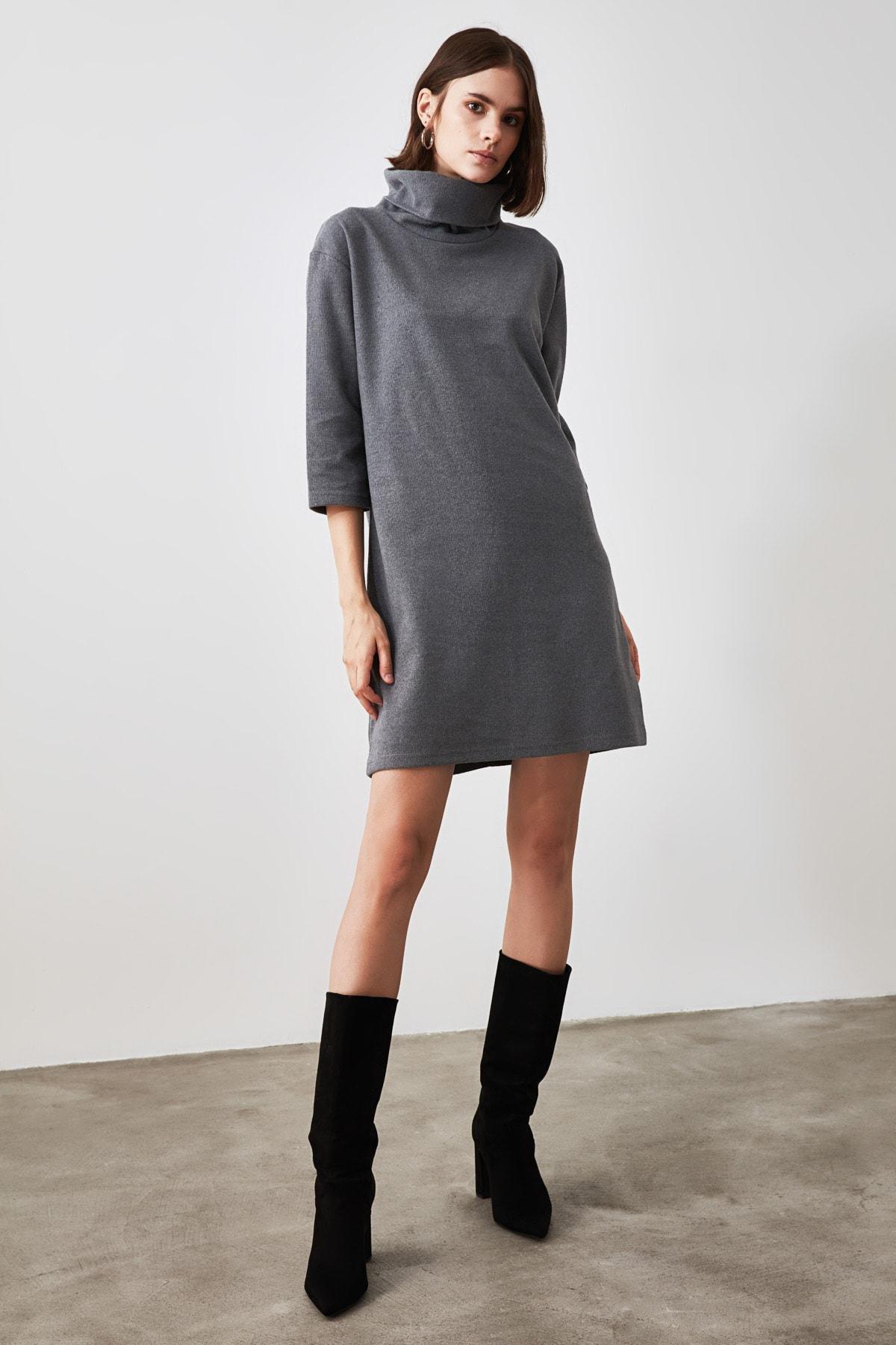 Grey Turtleneck Shift Dress, Gray, large image number 9