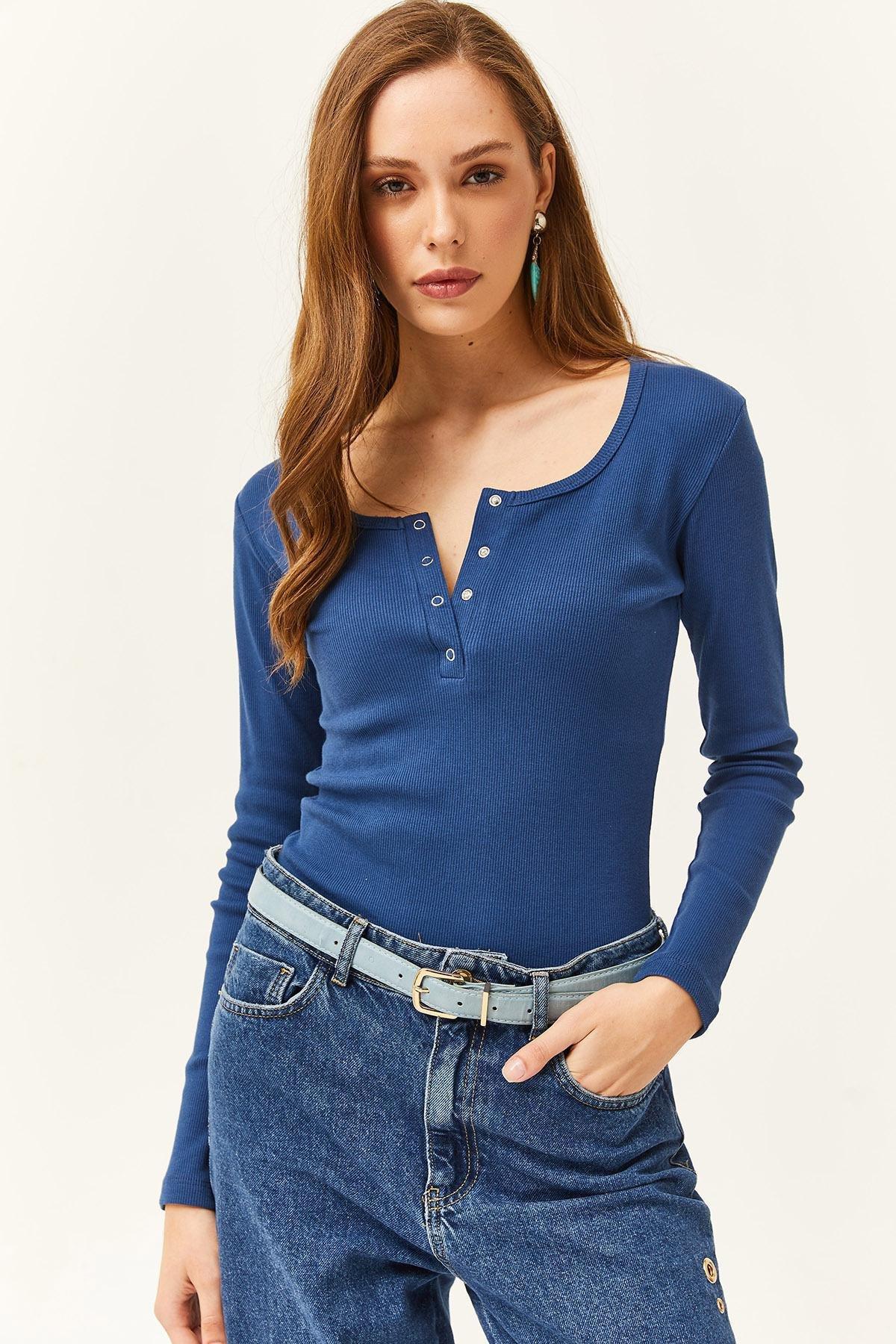 Blue U-Neck Patchwork Blouse, , large image number 0